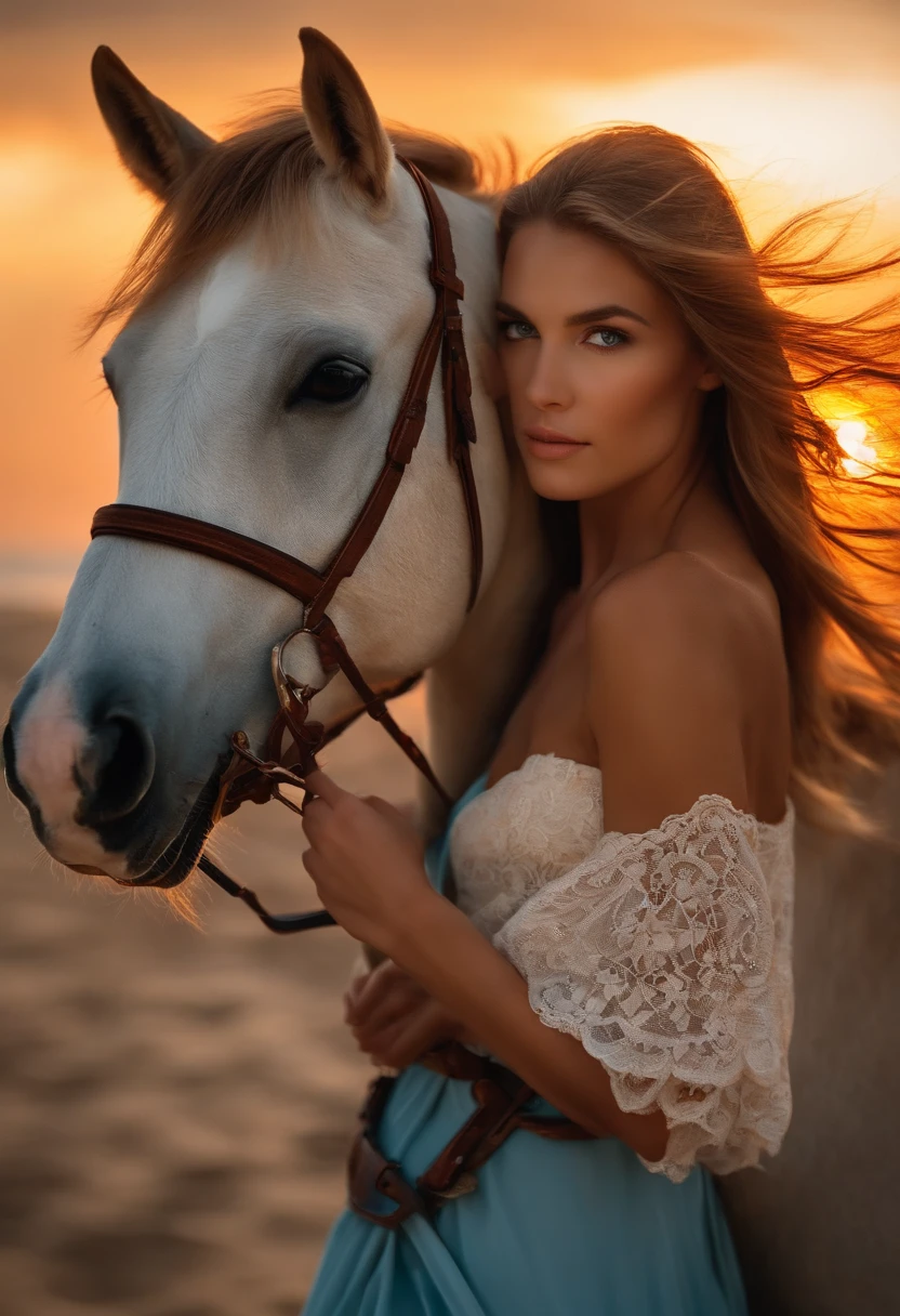 I'd like a blue-eyed brunette rider with a haflinger horse next to her on the beach with a sunset