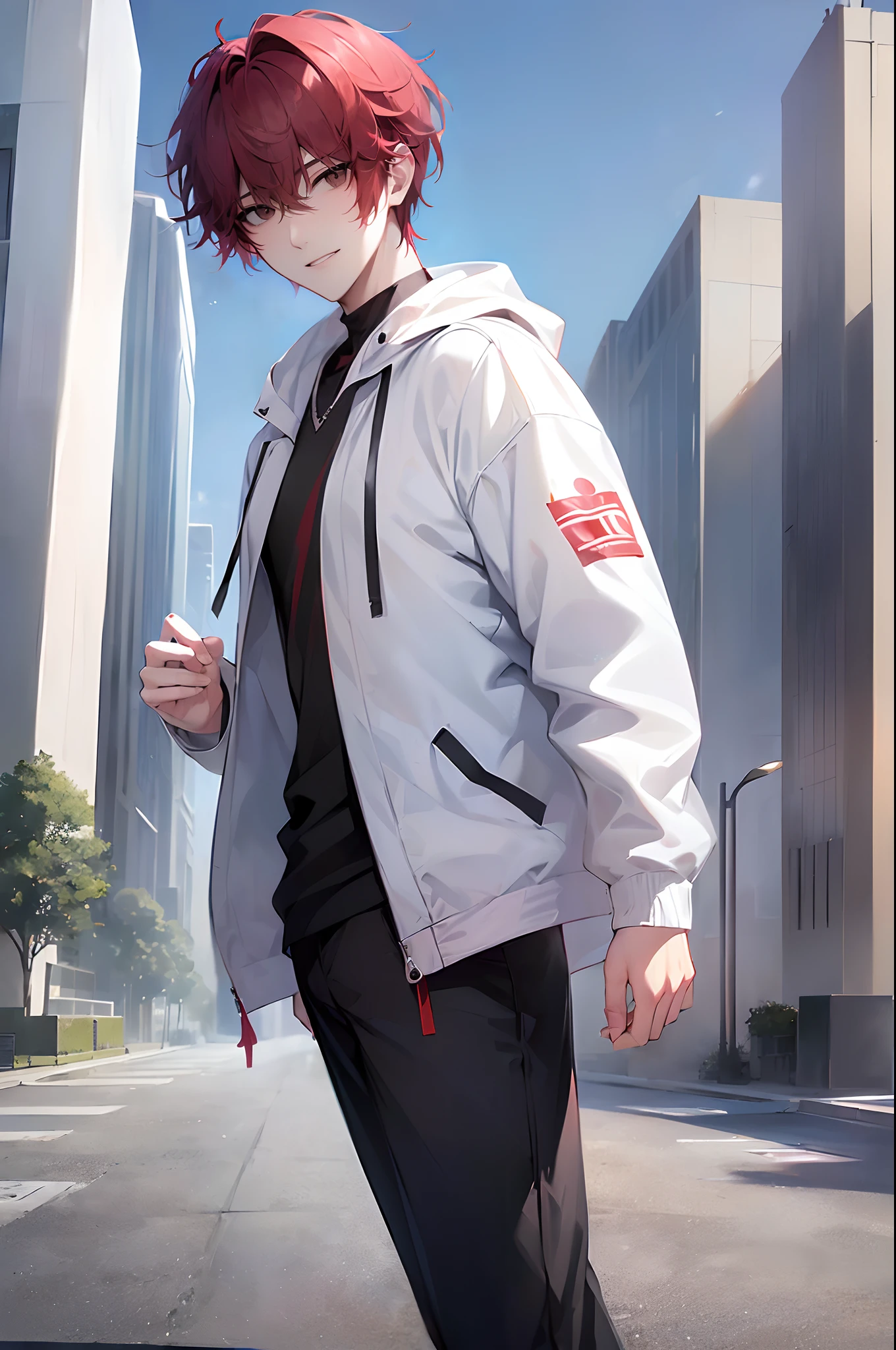 (4K works))、masterpiece、(top-quality)、((Evening city))、((In front of the main gate of the workplace))、((In front of the main gate of the building))、View of the sunset、Korean Male、Adult male、((Adult male 26 years old))、((Face similar to Hyun Jin))、Cool Men、tall、((Gentle smile))、((Strong eyes))、((Wearing a black T-shirt and a white hooded jacket、Wearing long white pants))、((smaller face))、Slim body、((hooligan))、((Red short-haired))、((Black eyes))、((shot from front))、((Shot alone))、((Solo Photography))、((He came to pick me up))、((He stands in front of the main gate of the building))