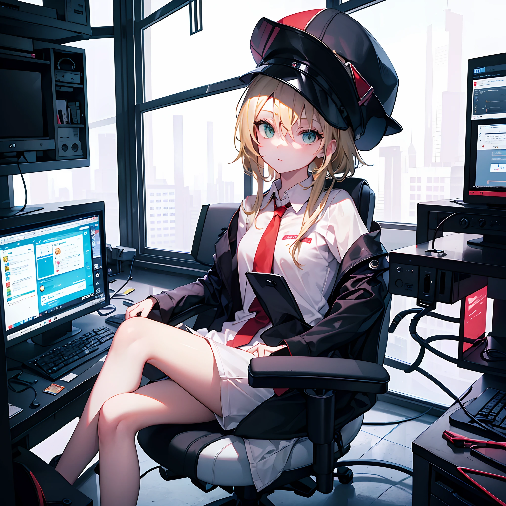 Blonde girls don't wear hats,sitting in front of the computer,A look of arrogance,Green eyes,in a white shirt,Wear a red tie