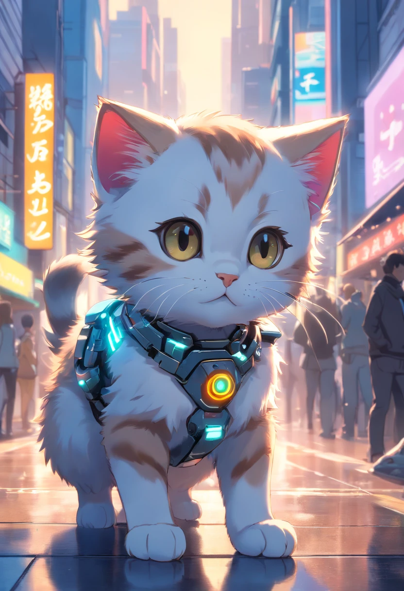 Cute kitten made of metal, cyborg, cyberpunk style, ((complex detail)), hdr, ((complex detail, ultra-detail)), cinematic shot, vignette