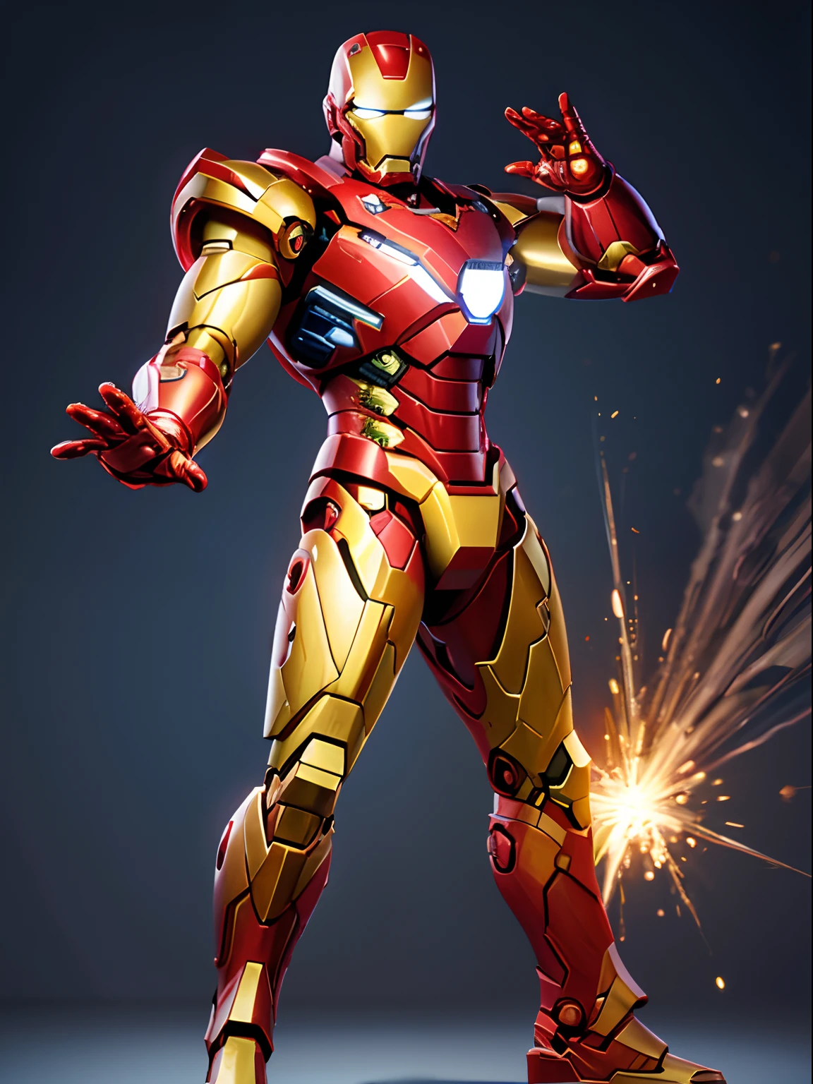 O assunto principal da cena: Iron Man in golden armor with a 3D art style
Materials Used: illustration, 3D Rendering
Additional details: Detalhes intrincados na armadura, Brilliant Power Elements, dynamic pose, futuristic background, Sparks and Smoke Effects
Image quality: (best quality, 4k, high resolution, master part:1.2), ultra-detalhado, Realistic:1.37
Art Style: Personagens da Pixar Disney
paleta de cores: cores vibrantes, Metallic Gold Tones
lighting: Dramatic, dynamic lighting with strong highlights and shadows.