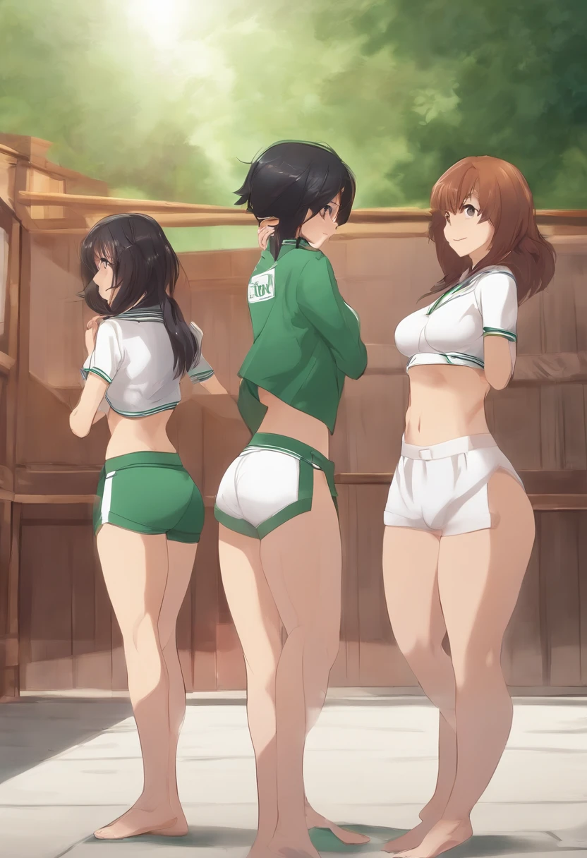 three anime characters in female panties side by side and
Facing each other, Burma, olhos verdes, gym uniform, several young girls,
3meninas, cabelos pretos, from behind, camisa, camisa branca, Olhando para o Viewer,
janela, short hair, mangas curtas, dentro, cabelos longos