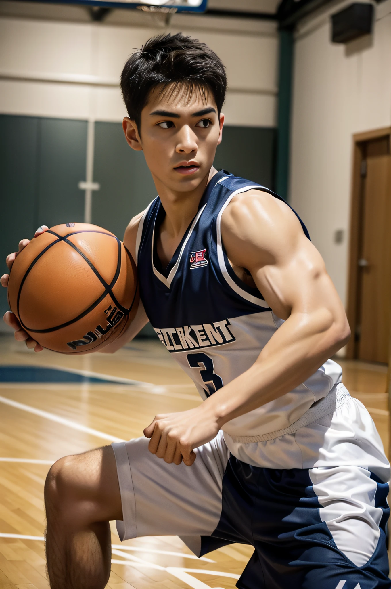 Boy playing basketball on basketball court，sweat leggs，Photos during exercise，Basketball costumes，Masculine，Exquisite facial features，virile，musculature，rich facial detail（（The crotch is raised））closeup cleavage