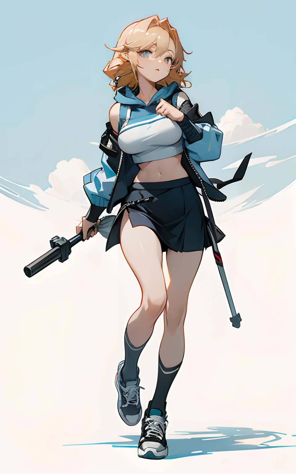 Bigboobs，cropped shoulders，knee length socks，pleatedskirt，athletic sneakers，hoody，Stand up