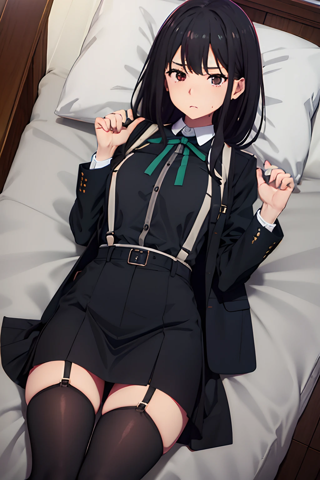 ​masterpiece、flat-colors、depth of fields、lens flare 1 girl、、Brown hair、watching at viewers　　　black suspenders　　　Bulging big breasts　　 　 　　　walls: 　Black miniskirt　garters　　　　　　Gaze　　　Small face　bangss 　　　holster　　Belt Armament　Beautuful Women　srestrained　hands up　Lying in bed　Leg holster lying on the bed