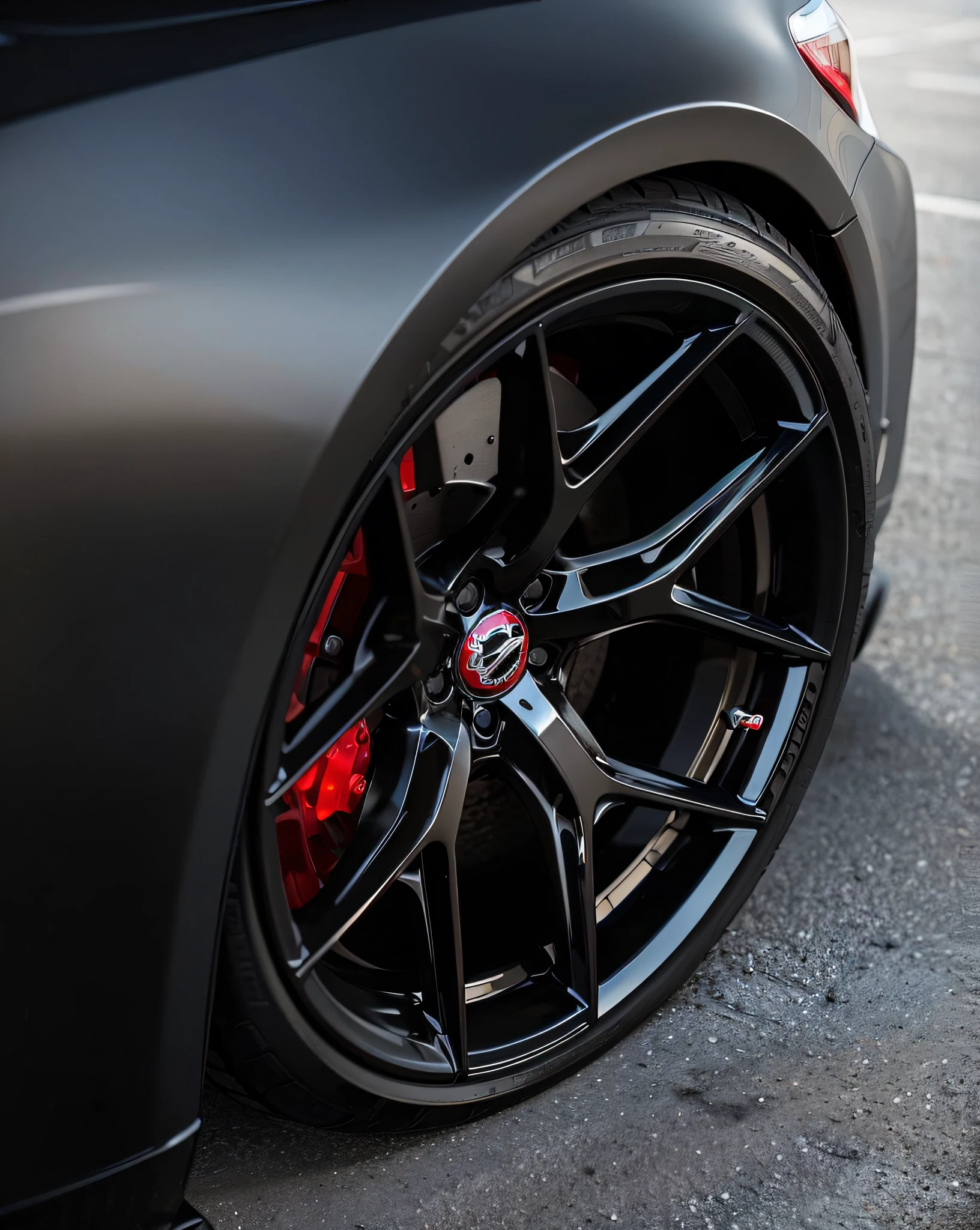 Close-up of black sports car with red brake pads, Black rims, Black rims, detailed - wheels, detailed-wheels, Black stainless steel，Red trim, line sleek，strongman, detailed wheels, look at that detail!, Finely tuned details, deep dish wheels, high-body detail, medium close up shot, Black and red color scheme