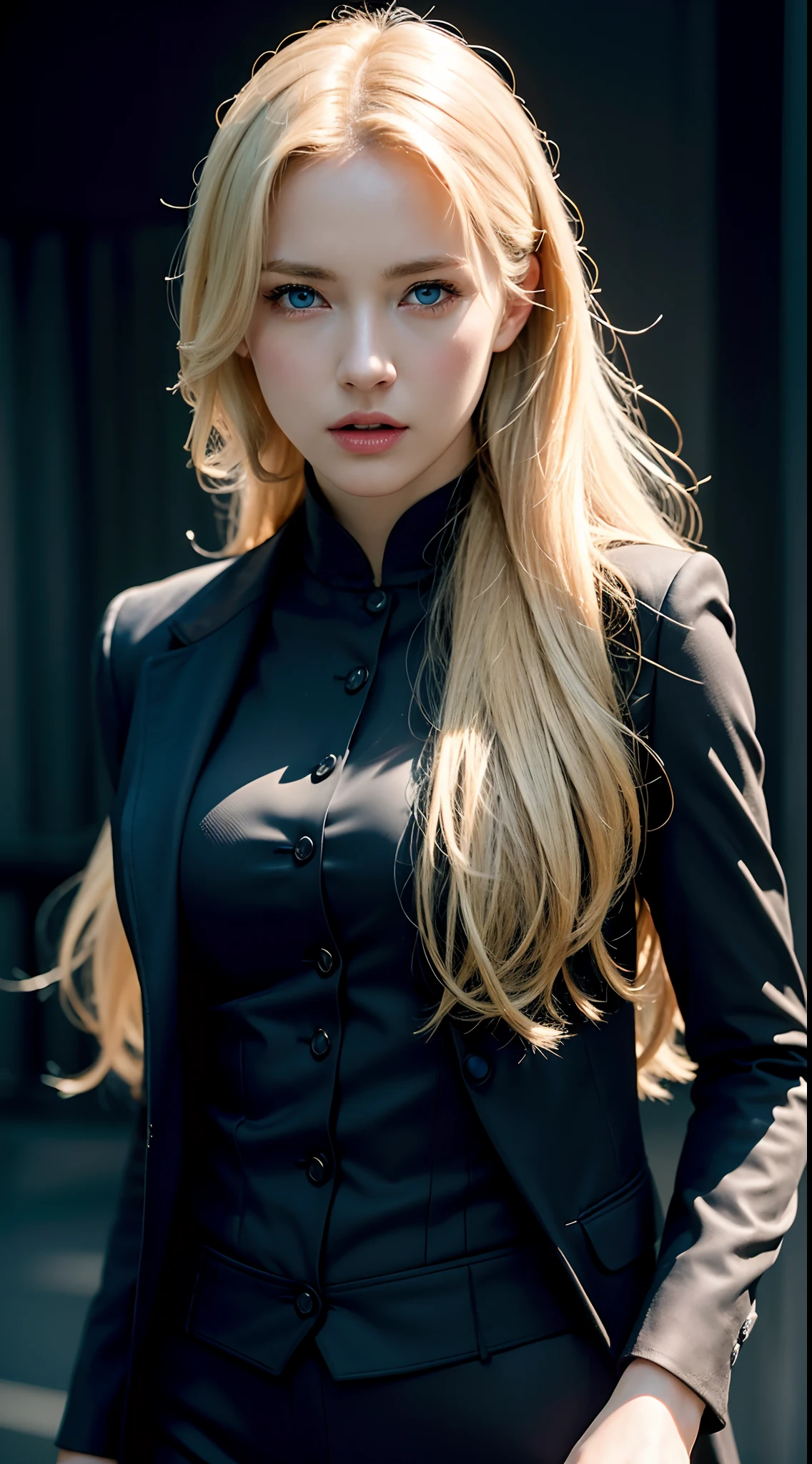 Best quality, masterpiece, ultra high res, (photorealistic:1.4), raw photo, 1girl, blonde hair, blue eyes, detailed eyes and face, black suit, dynamic lighting, in the dark, deep shadow, low key, cowboy shot full-lenght body