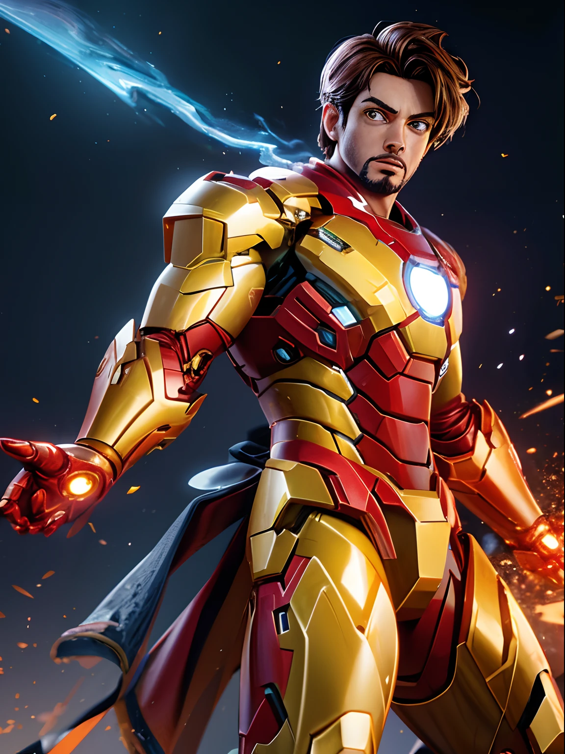 O assunto principal da cena: Iron Man in golden armor with a 3D art style
Materials Used: illustration, 3D Rendering
Additional details: Detalhes intrincados na armadura, Brilliant Power Elements, dynamic pose, futuristic background, Sparks and Smoke Effects
Image quality: (best quality, 4k, high resolution, master part:1.2), ultra-detalhado, Realistic:1.37
Art Style: Personagens da Pixar Disney
paleta de cores: cores vibrantes, Metallic Gold Tones
lighting: Dramatic, dynamic lighting with strong highlights and shadows.