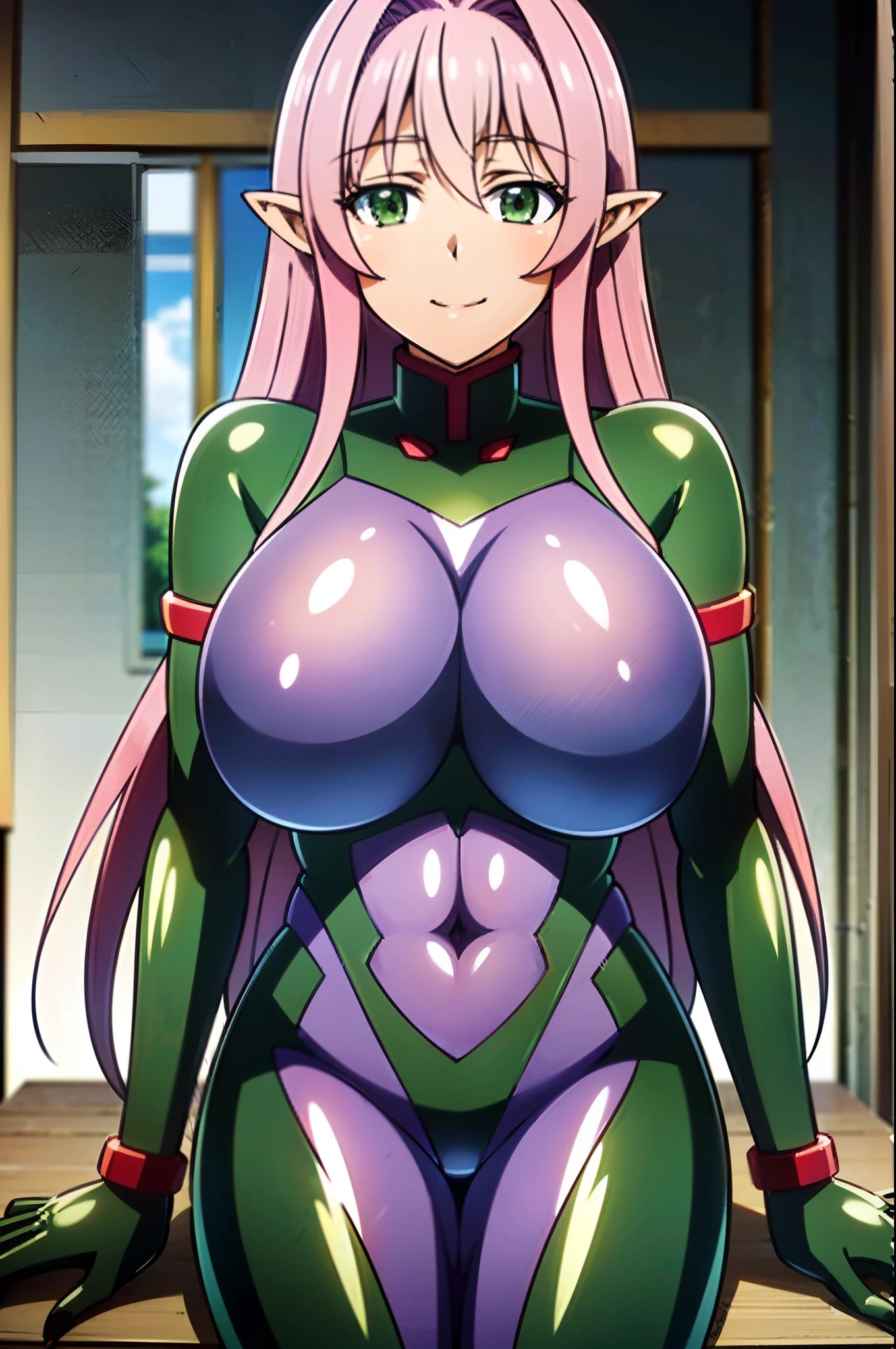 masterpiece, best quality, extremely detailed, anime, 1girl, mature female, solo, glenys, (huge breasts:1.4), (((pink_hair, long_hair, green_eyes, pointy_ears))), parted lips, (((fortified_suit, purple plugsuit))), light smile, (closed mouth), ((sitting on the table, classroom))