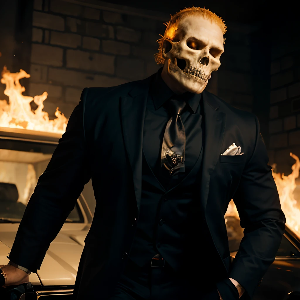 Ghost rider , muscled with huge pecs , hugge torso , huge arms , with a skull head like  with fire , in suit with a tie ans spikes