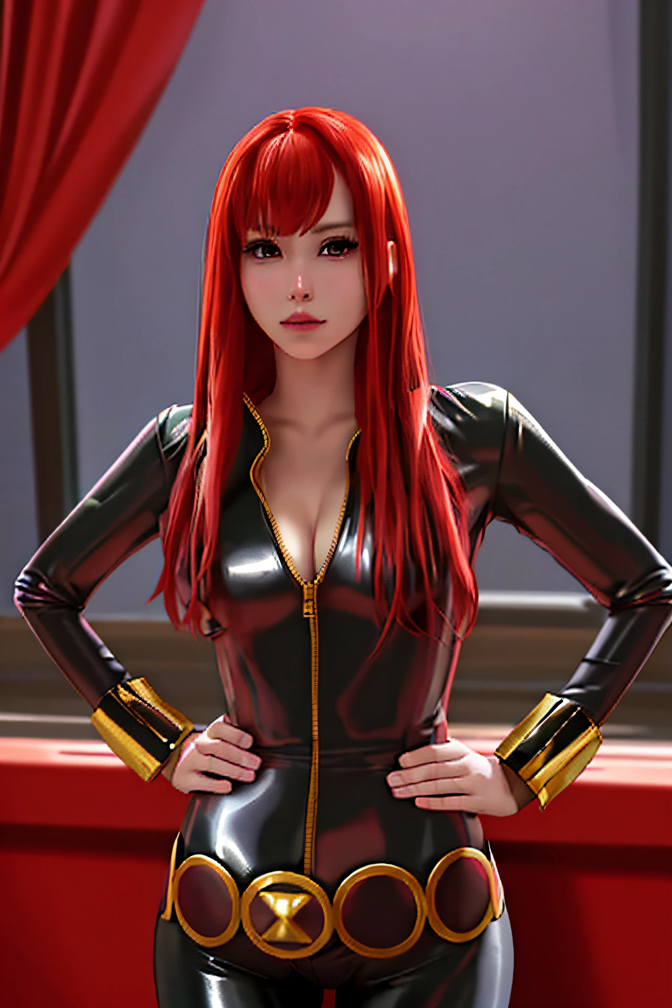 The image depicts a cosplayer, presumably representing Black Widow from the Marvel Comic, posed with her hands on her hips. She is in a black leather suit featuring gold accents, especially evident in her belt and wrist guards. The suit is cut low, revealing a hint of her chest. The cosplayer has long red hair and is gazing directly at the camera. The backdrop is simple and white, with a noticeable window.