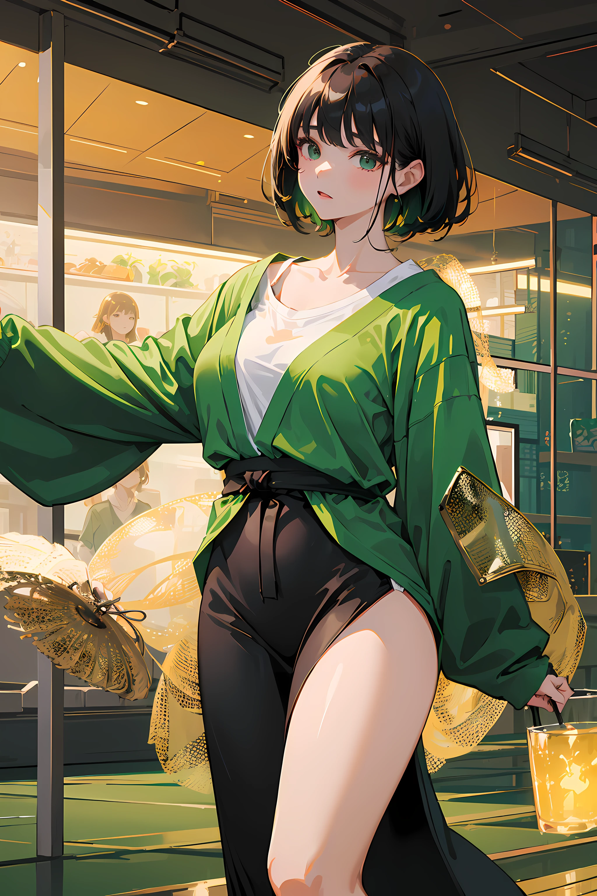 1girll、Golden mesh on black hair、Wearing a green cardigan、japanes、White t-shirt and green cardigan、Long black pants、Loose clothes、white backgrounid、adult lady、glamorous