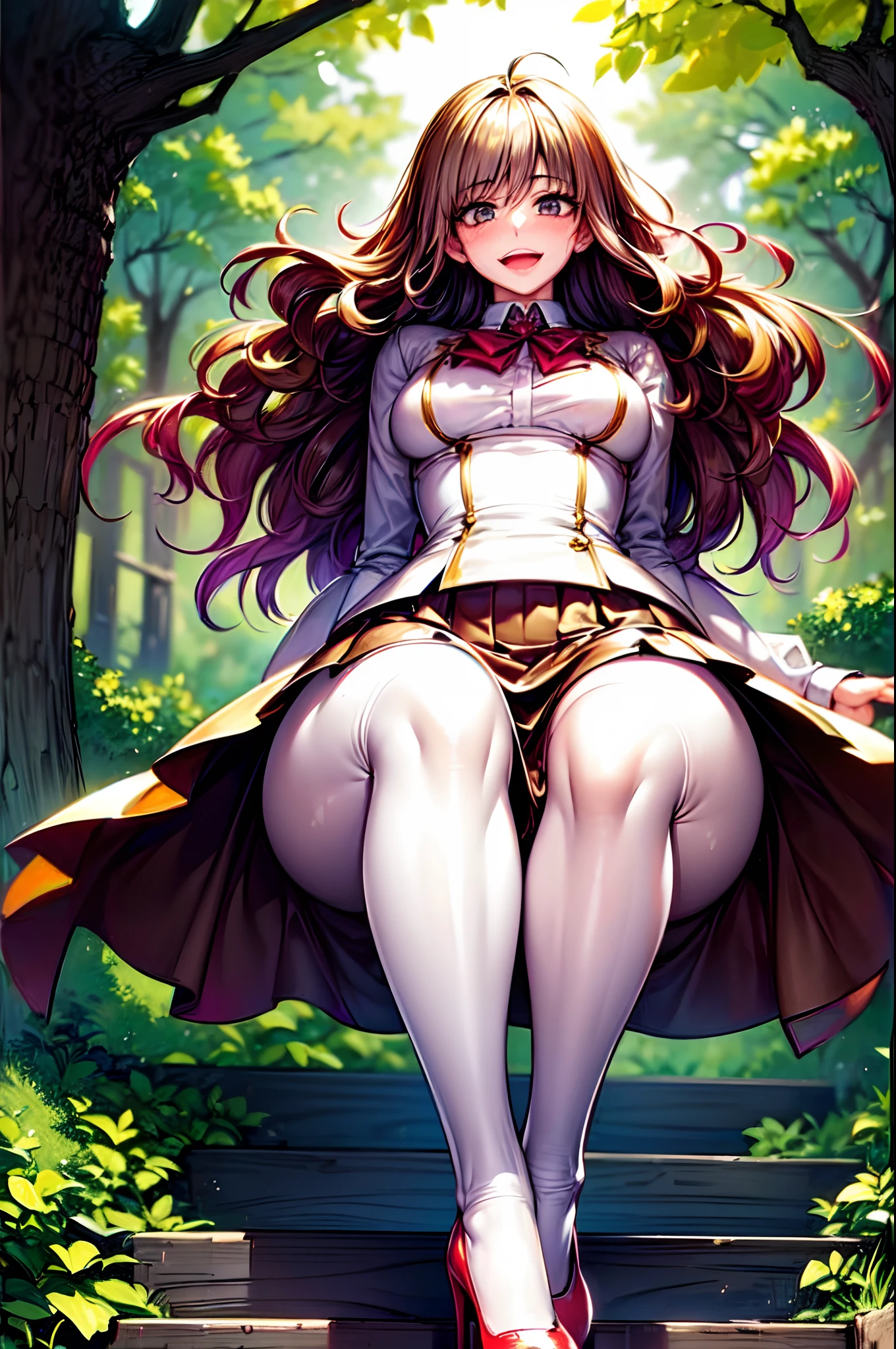 (shoujo-style), (romance manhwa), ((masterpiece,intricate details)),1girl,mature female,Curly hair,,brown eyes,:d,,
BREAK
sit on the stairs, put one's legs together,school uniform,white ((pantyhose)),high heels
BREAK
A mystical forest is adorned with ancient, towering trees, their gnarled branches creating a mesmerizing canopy that filters sunlight into a dappled, enchanting world below.,,,from below:,,depth of field,looking at viewer,