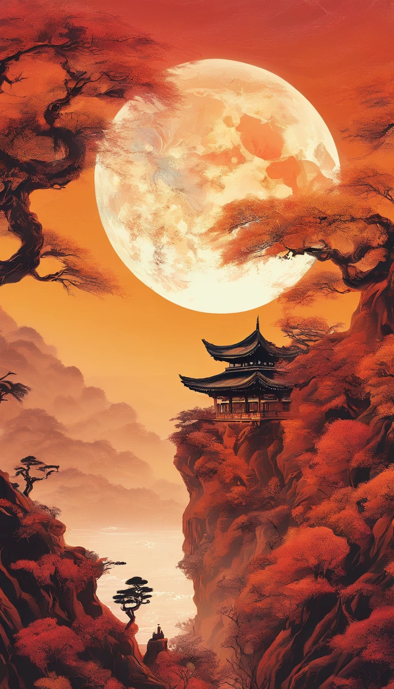 (Tang dynasty style),(A cliff illuminated by a huge moon),A poet standing on the edge of a cliff,Ultra-long-range viewing angle