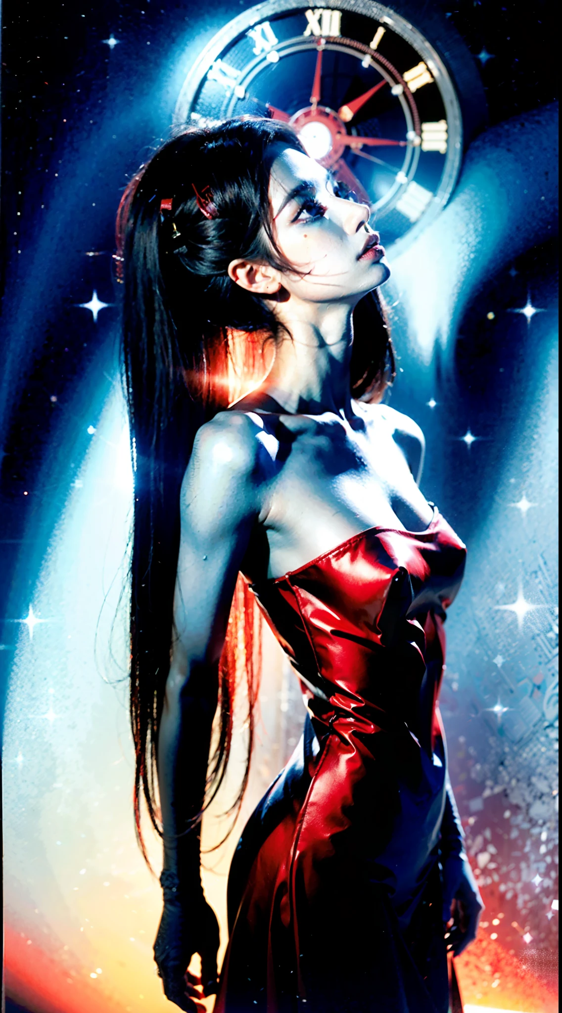 Faceless female cosmic entity,The body is made of white marble,in a red dress,Surrounded by a deep blue fog and a halo of red light clock in the background+Conceptual artwork Hugo Pratt+ MC Escher style fusion,Anime 80s aesthetic ,Ink drawing, Tumblr, Horror 80s,conceptual art, 4K digital art, Lovecraft,Dramatic Liggs, Performer model,Dark tones,melancholic art, Printed under red Bristol paper - air: 4:5