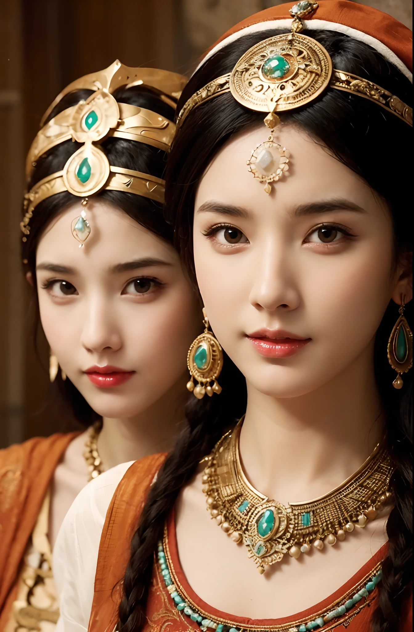 The proportions are the same for all races, All faces and pictures must be different,High quality, Ultra-realistic, Close-up portrait of two beautiful women sitting in ancient Mesopotamia, leering:1.4,Dynamic pose,Ancient Mesopotamian civilization, Babylonia, Uruk, Tunic in various lengths, Linen clothing, Onyx necklace,Translucent Paisley costume, Kaunax, Bronze vessels, a little bit smile, High adobe walls, Luminism, a 3D render, rendering by octane, Cinematic, isometry, Awesome full color, 8K Ultra HD, author：Snow barn, high detal,