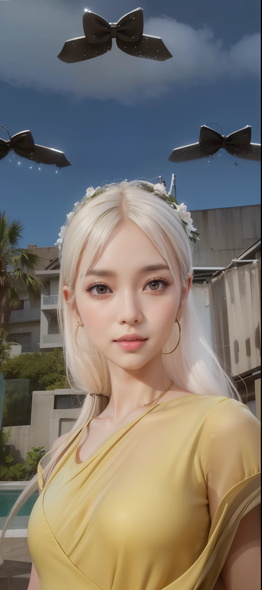 8k, masterpiece, RAW photo, best quality, photorealistic, extremely detailed CG unity 8k wallpaper, Depth of field, Cinematic Light, Lens Flare, Ray tracing, (extremely beautiful face, beautiful lips, beautiful eyes), intricate detail face, ((ultra detailed skin)) 1girl, in the dark, deep shadow, pretty korean girl, kpop idol, 1 girl, (very slim slender fit-muscled body:1.3), ((looking at viewer)),(big smile:1.3), (midnight, dark night, (neon sign), (blurred background), dim light), (without people in the background:1.3), beautiful earrings, bracelets, necklace, pantyhose, clear eyes, walking , front shot, (pale skin), (big eyes), face forward, (full body shot), (brown hairs), open navel, (looking at viewer:1.3), very slim, medium breasts, (camel toe), thick thighs, turn back, (flooming laced mini dress), ((white color dress)), (tight skirt), ((turning back, back shot)), ultra mini skirt, exposed ass, upper shot