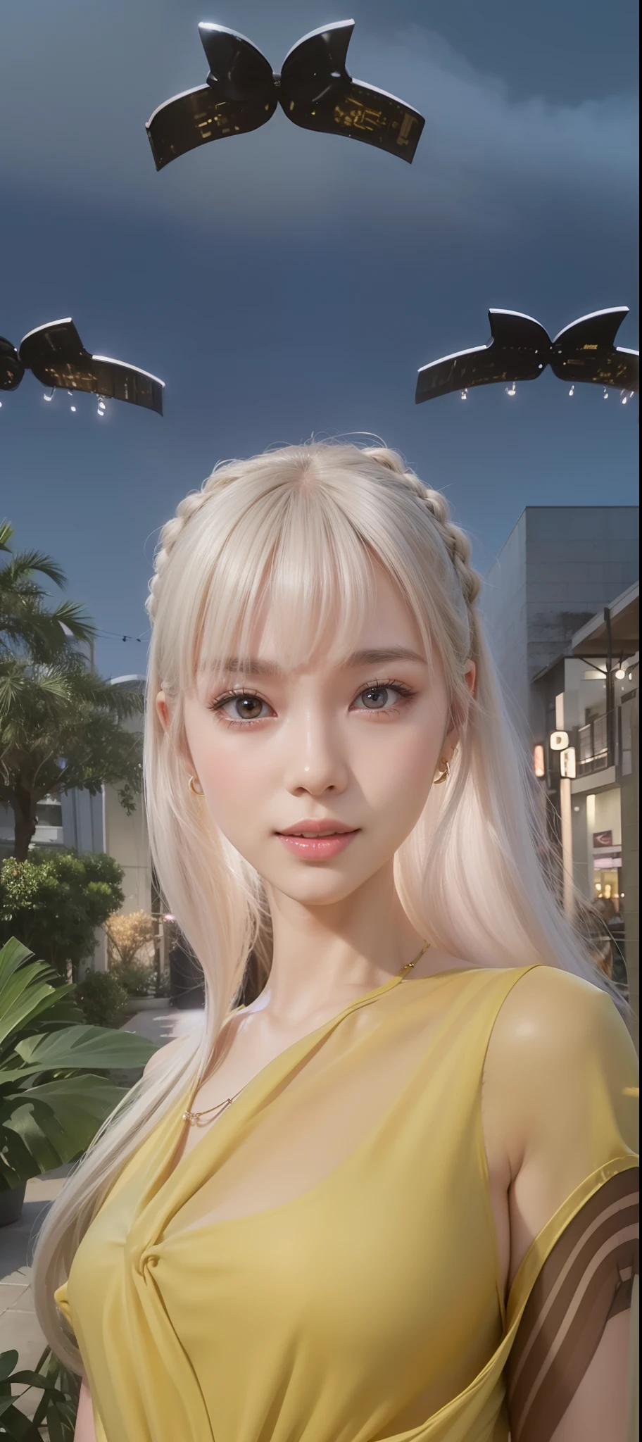 8k, masterpiece, RAW photo, best quality, photorealistic, extremely detailed CG unity 8k wallpaper, Depth of field, Cinematic Light, Lens Flare, Ray tracing, (extremely beautiful face, beautiful lips, beautiful eyes), intricate detail face, ((ultra detailed skin)) 1girl, in the dark, deep shadow, pretty korean girl, kpop idol, 1 girl, (very slim slender fit-muscled body:1.3), ((looking at viewer)),(big smile:1.3), (midnight, dark night, (neon sign), (blurred background), dim light), (without people in the background:1.3), beautiful earrings, bracelets, necklace, pantyhose, clear eyes, walking , front shot, (pale skin), (big eyes), face forward, (full body shot), (brown hairs), open navel, (looking at viewer:1.3), very slim, medium breasts, (camel toe), thick thighs, turn back, (flooming laced mini dress), ((white color dress)), (tight skirt), ((turning back, back shot)), ultra mini skirt, exposed ass, upper shot