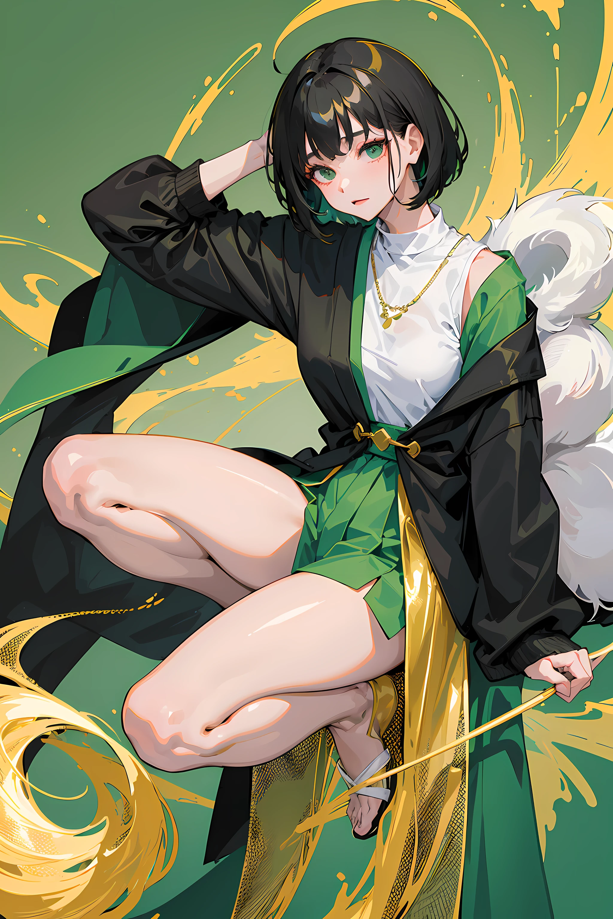 1girll、Golden mesh on black hair、Wearing a green cardigan、japanes、White t-shirt and green cardigan、Long black pants、Loose clothes、white backgrounid、adult lady、glamorous、short-hair