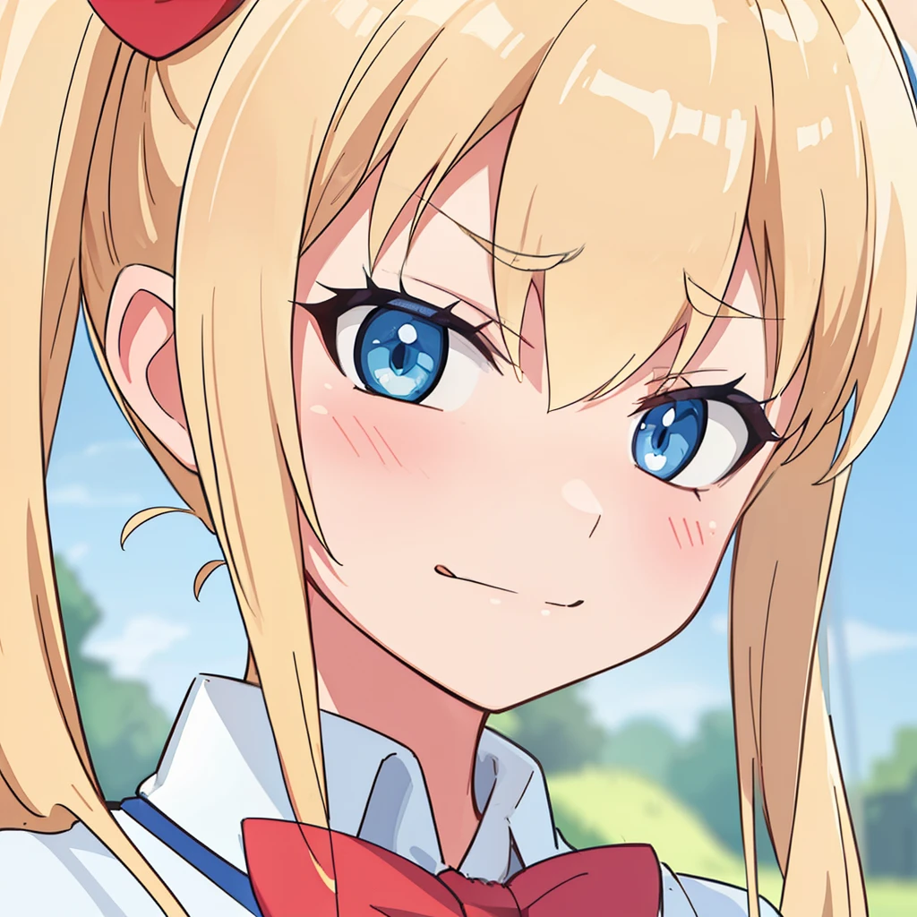 hiquality, tmasterpiece (one girls) blonde woman. ponytails on the hair. smirk. blue eyes. White Shirt Clothing, red bow, Blue Steel. against the background of the Street, grass, The sky.