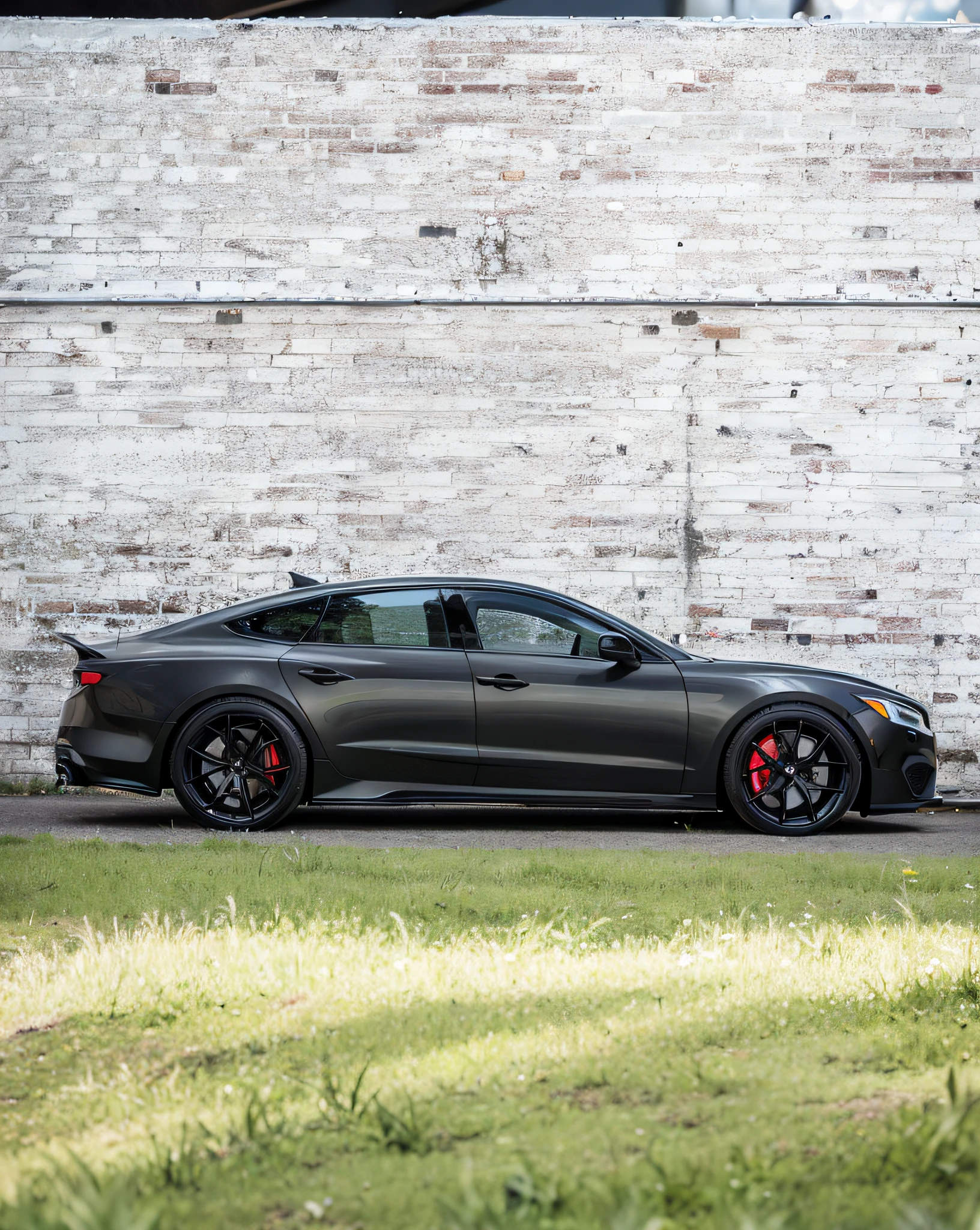 Close-up of a black car parked in front of a brick wall, Next to the car is a meadow，automotive photography, Black stainless steel，Red trim, vehicle photography, Black rims, Black car, auto photography, whips, side perspective, automotive photography, stealthy, 🕹️ 😎 🔫 🤖 🚬, ✏️🎨, all black matte product, Streamlined matte black armor