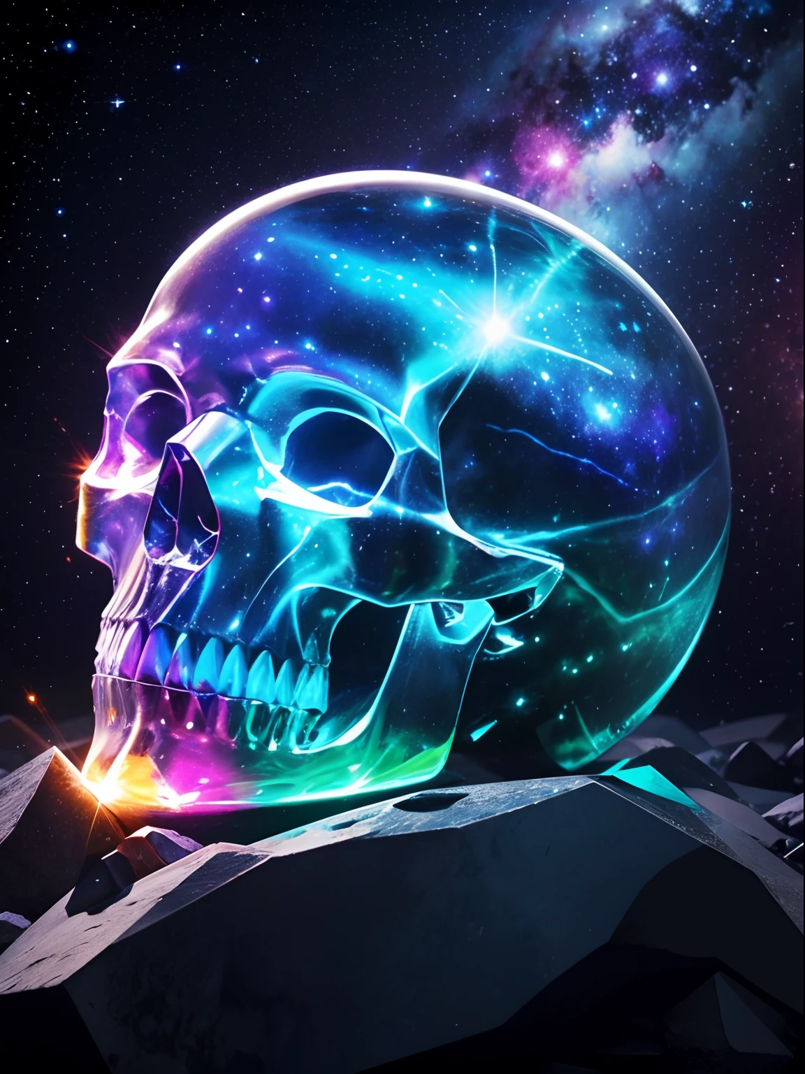 Realistic crystal skull in cosmic space,Close-up of the skull, crystal-clear,hyper HD, Bright and attractive color options, Extremely colorful,stands out, Most detailed,It emits light from stars and galaxies, Symbolizes the infinity and eternity of death.