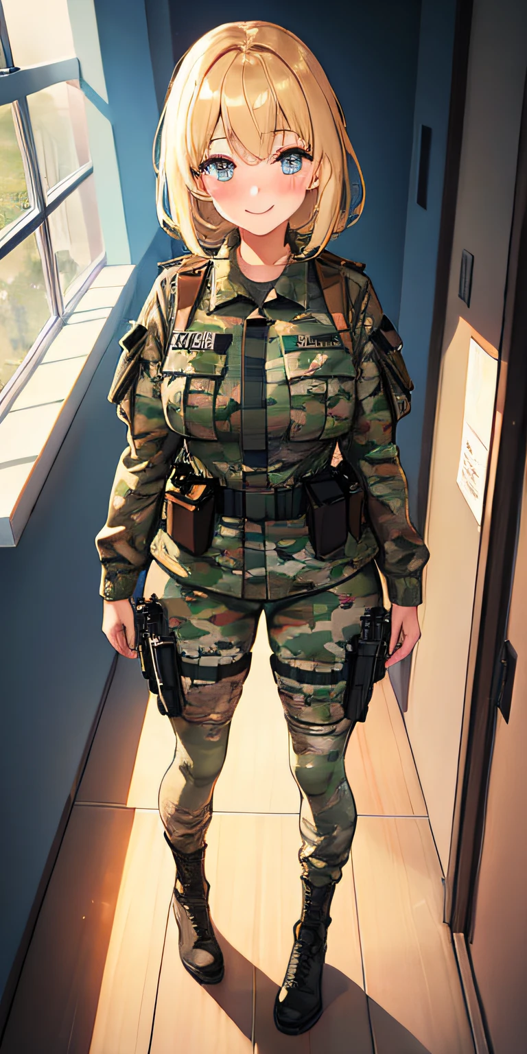 1girl, lips, blush, makeup, light smile, full body, nice hip, wide angle, POV, from above, floating, Army uniform, Camouflage, indoor, Guns, light rays, glow, (masterpiece), wallpaper
