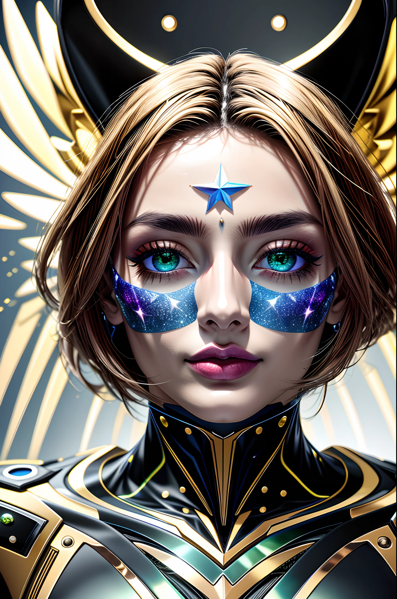 cosmic fallen angel, olhos claros verdes brilhantes, Biomechanicals, estranho, assustador, dourado, cores muito brilhantes, light particles, com luz brilhante, Mshiff, Arte do papel de parede, papel de parede uhd,iridescence,PlayStation 5 graphics,rosto detalhado,Realistic texture, organic composition,Detalhador Furtástico,Foto bruta 8K, olhos perfeitos, Realistic,vivid color