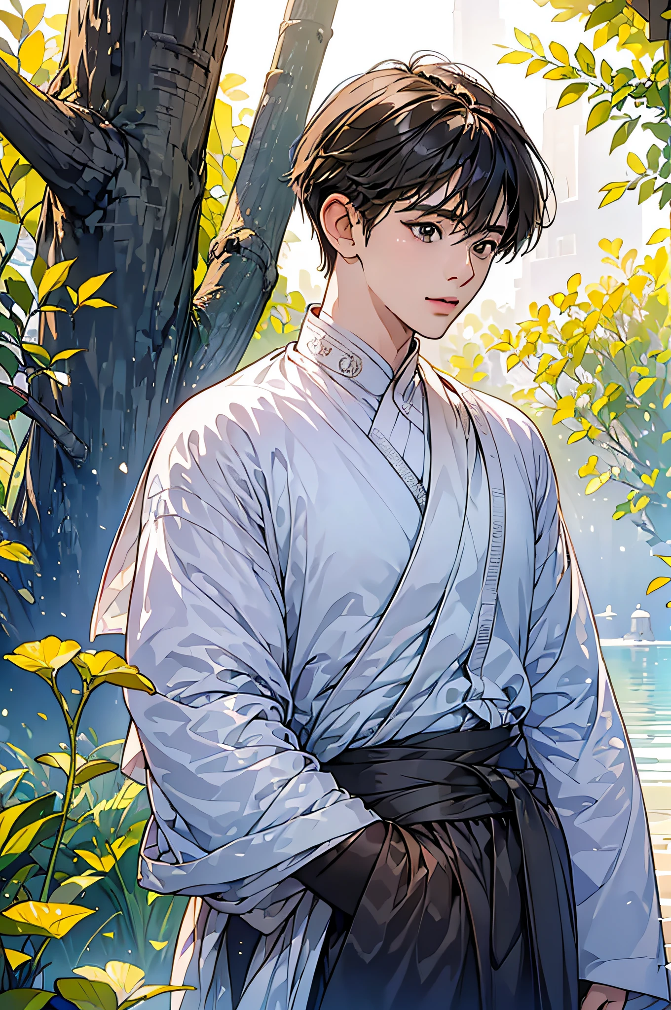(in 8K、top-quality、masterpiece:1.2)、1 boy、short-haired、Hair short、Brown-skinned、Blue View、