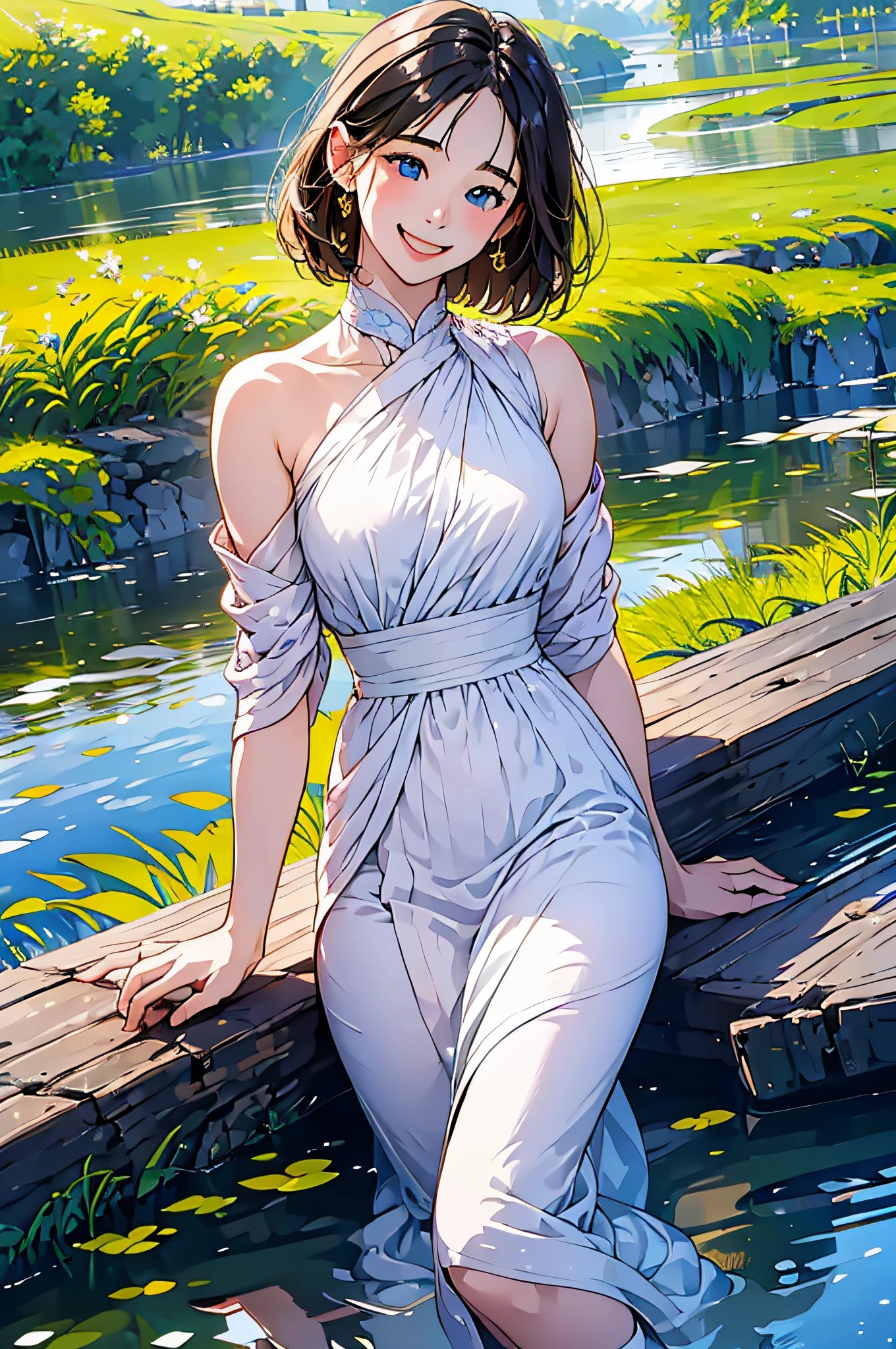 in 8K、top-quality、masterpiece:1.2)、1人の女性、(Smiling smile:1.1)、beautidful eyes、Valley、The upper part of the body、shorth hair、Like a boy、Colossal tits、Blue View、