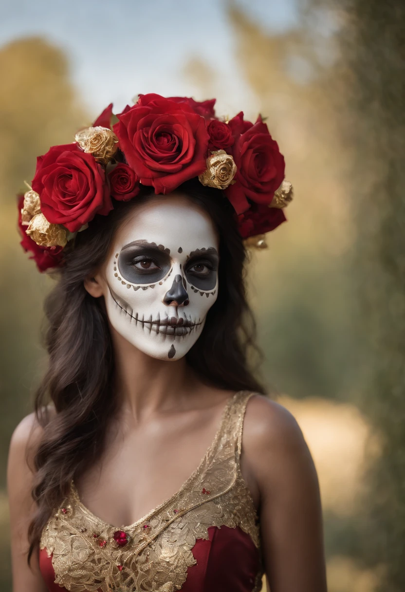 Skull dressed in gold and red costume with roses, ((skelleton:1.37)), Black Rose Queen, dark skin female goddess of love, Jour des morts. 8 k'', (Day of the Dead style fusion), intricate voodoo makeup, still from a music video, Skeleton made of red roses,,rosette