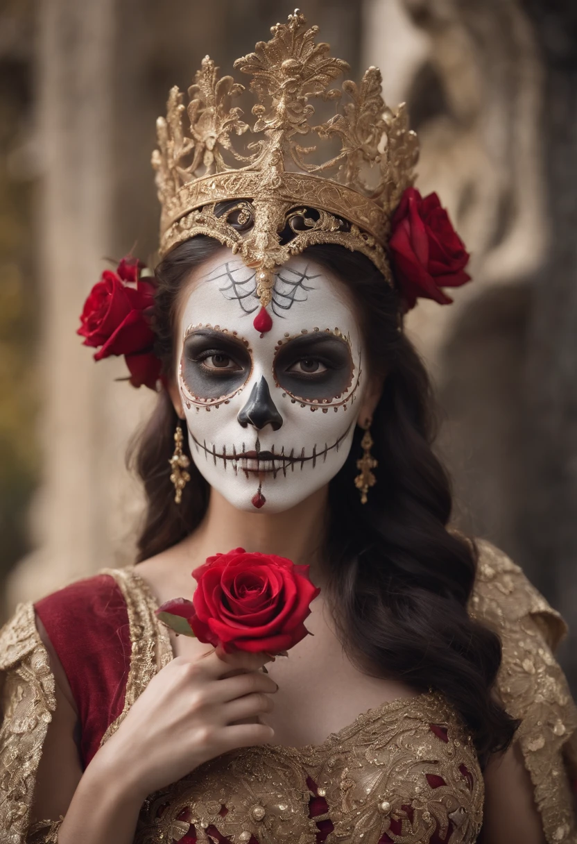 Skull dressed in gold and red costume with roses, ((skelleton:1.37)), Black Rose Queen, dark skin female goddess of love, Jour des morts. 8 k'', (Day of the Dead style fusion), intricate voodoo makeup, still from a music video, Skeleton made of red roses,,rosette