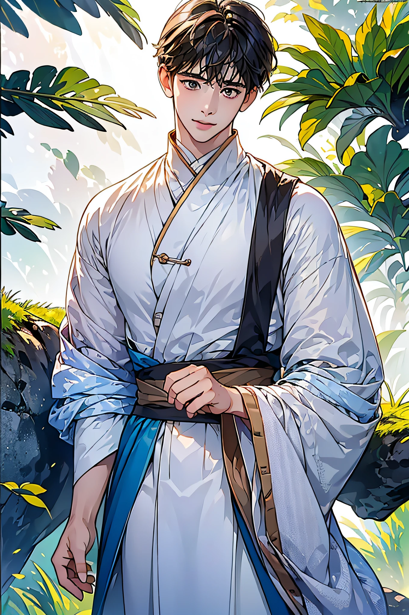 (in 8K、top-quality、masterpiece:1.2)、1 boy、short-haired、Hair short、Brown-skinned、Blue View、