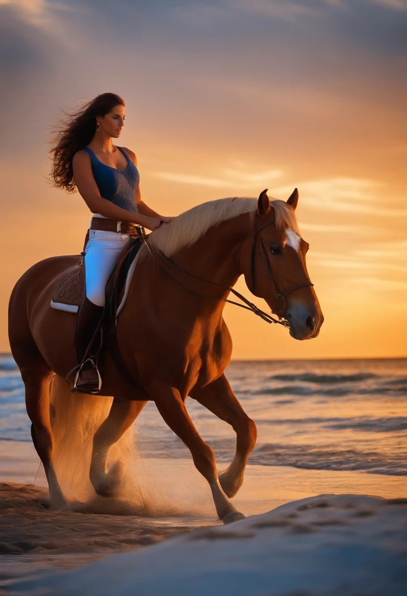 I'd like a brunette rider with blue eyes dressing up in a blue top and breeches with a palomino half draft horse next to her on the beach with a sunset in a drawing style