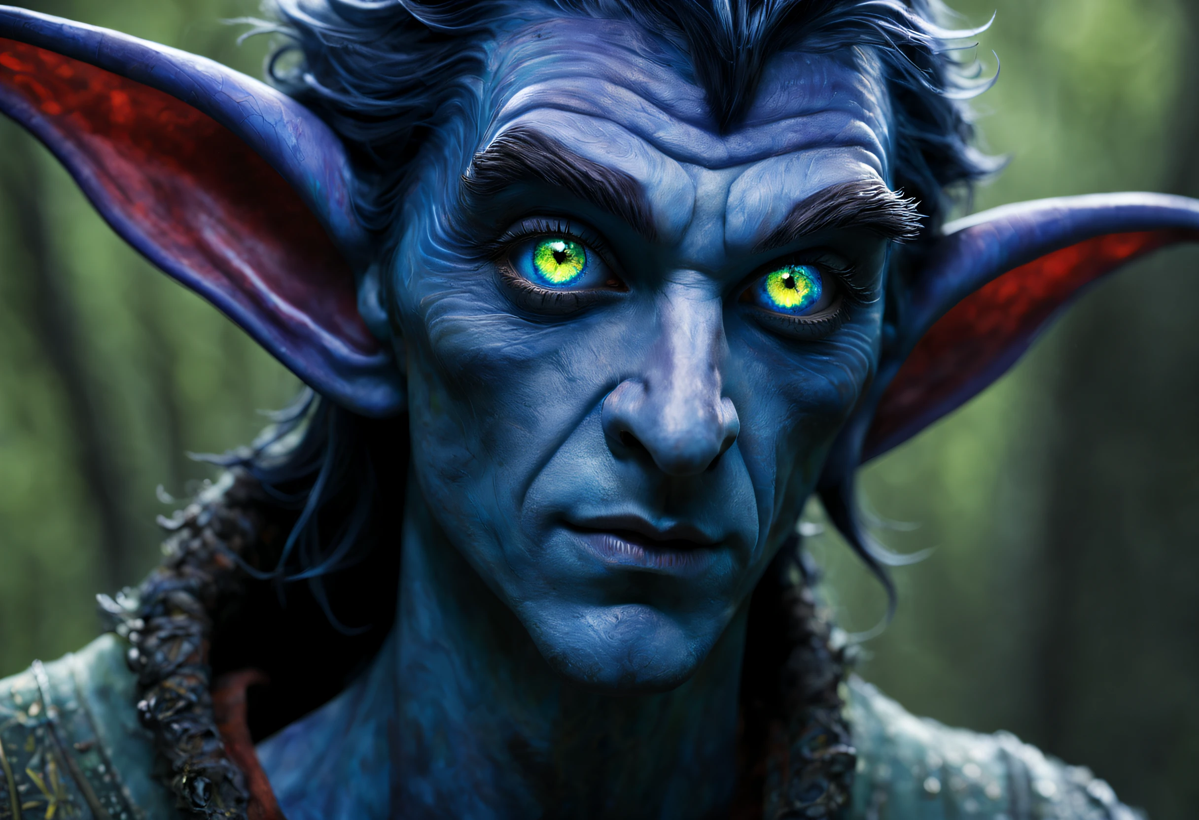 The creature was two times the height of a man and had a shape resembling a man, but with some differences. His skin was transparent like glass, and glowing blue veins could be seen through it. His hair consisted of fluorescent clouds that constantly moved and changed shape, giving the impression that the hair was alive.
He was dressed in something that could be described as âunearthly". His clothes were made of a material that was unlike anything we know on Earth. This material was soft and flexible, but at the same time very durable. It was painted in bright colors that changed depending on the lighting and the angle of view.
The creature's face was beautiful and expressive. The eyes were large and round, with a bright yellow iris and black pupils. The nose was small and slightly turned up, and the lips were full and red. The ears were long and pointed, like those of elves.
His hands were long and thin, with long fingers and sharp nails. On the fingers were rings made of different metals and stones that glowed in different colors.