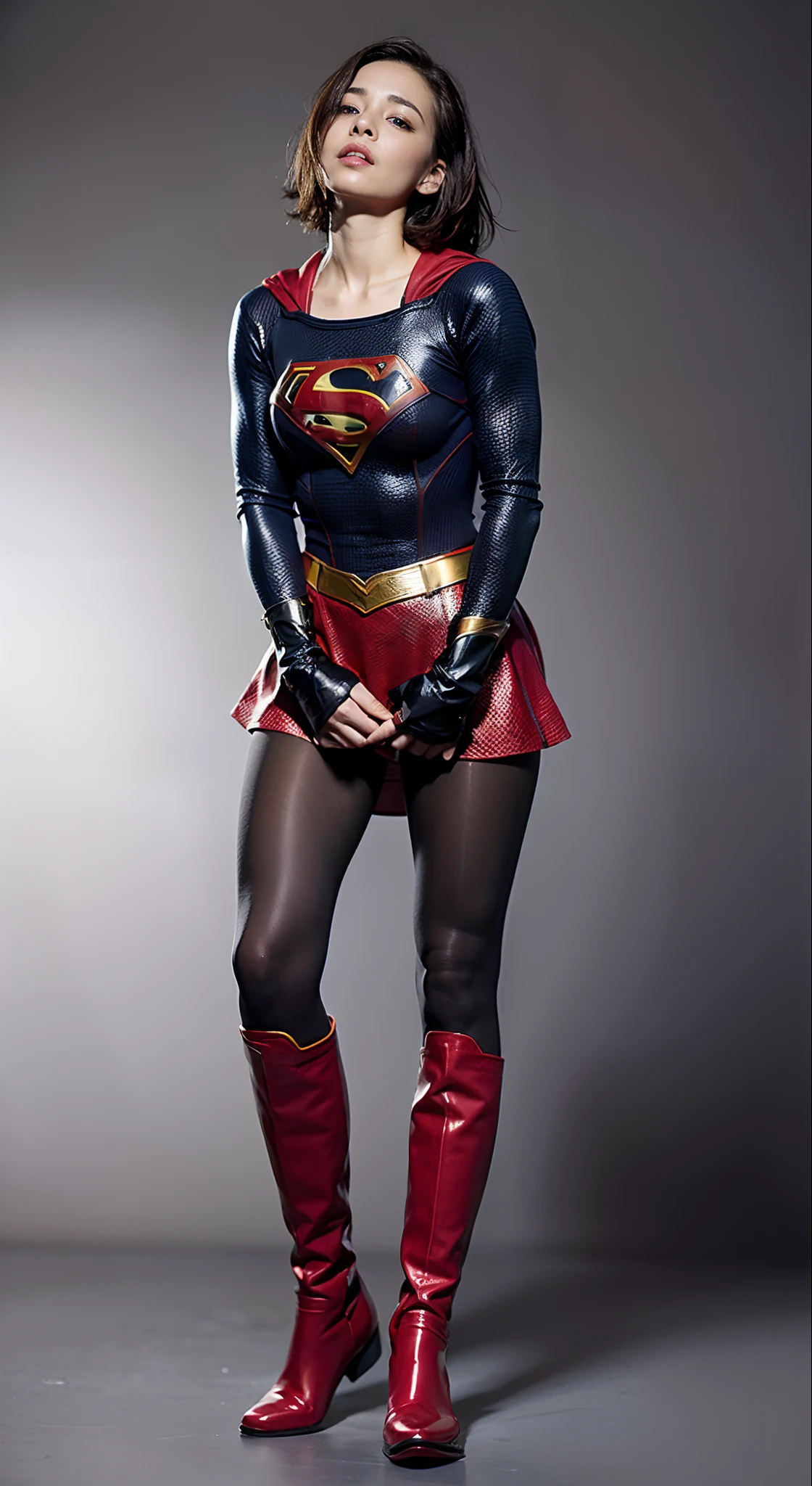 fainting、distressed look、My crotch hurts、Suffering、Done、defeated、Defeated by enemies、(((Wear black tights on your beautiful legs.)))、(((beauty legs)))、(((Painful look)))、((((Make the most of the original image)))、(((Supergirl Costume)))、(((Beautiful short hair、The hair)))、(((Suffering)))、(((Feet must necessarily be worn with black tights)))、(((You need to wear red boots)))、((Top image quality、8K))、((top-quality、8K、masterpiece:1.3))、(((Keep your background simple)))、Crisp focus:1.2、Beautiful woman with perfect body shape:1.4、Slender Abs:1.2、a wet body:1.5、Highly detailed facial and skin texture、8K、Keep your background simple