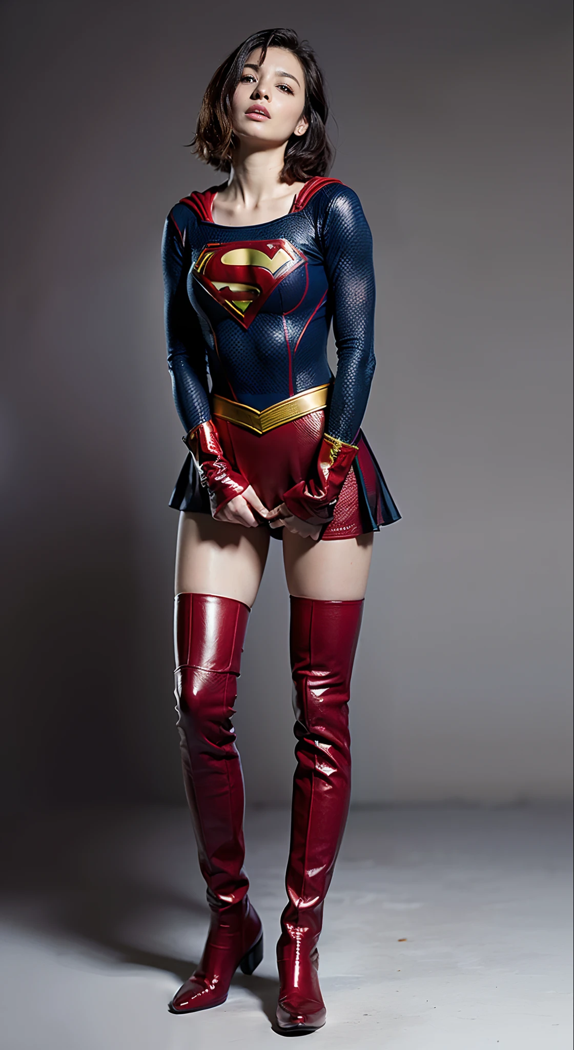 japanes、Cute Beautiful Girl、(((Wear black tights on your beautiful legs.)))、(((beauty legs)))、(((Painful look)))、((((Make the most of the original image)))、(((Supergirl Costume)))、(((Beautiful short hair、The hair)))、(((Injured)))、(((Feet must necessarily be worn with black tights)))、(((You need to wear red boots)))、((Top image quality、8K))、((top-quality、8K、​masterpiece:1.3))、(((Keep your background simple)))、Crisp focus:1.2、Beautiful woman with perfect body shape:1.4、Slender Abs:1.2、a wet body:1.5、Highly detailed facial and skin texture、8K、Keep your background simple