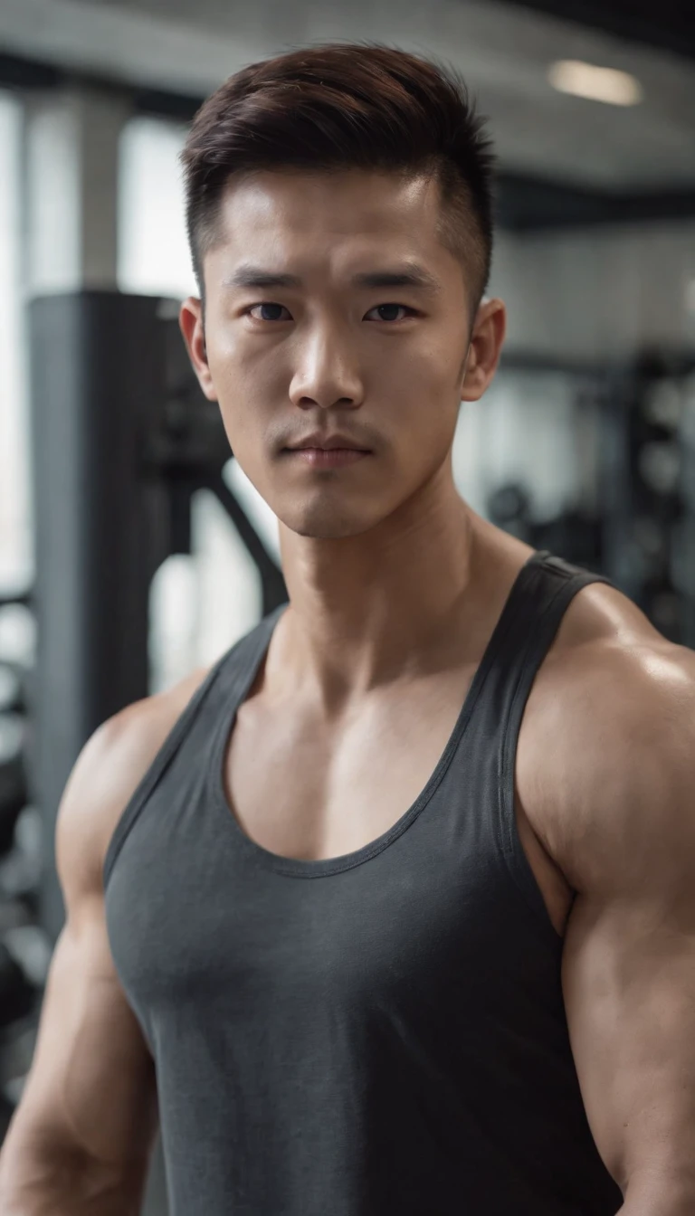 Asian men's gym wears a full tank top , musculous, Height 190 cm, Handsome face blemish, combed back hair, (Draw eye details), (hentail realism)