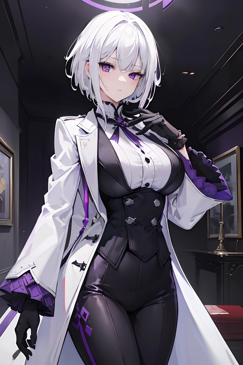 (masterpiece, best quality:1.2), illustration, 8k, hd, 1girl, solo, (((white hair, purple eyes, black coat))), large breasts, black pants, short hair, indoors, arle suit, serious expression, tall, mature, elegant, black gloves