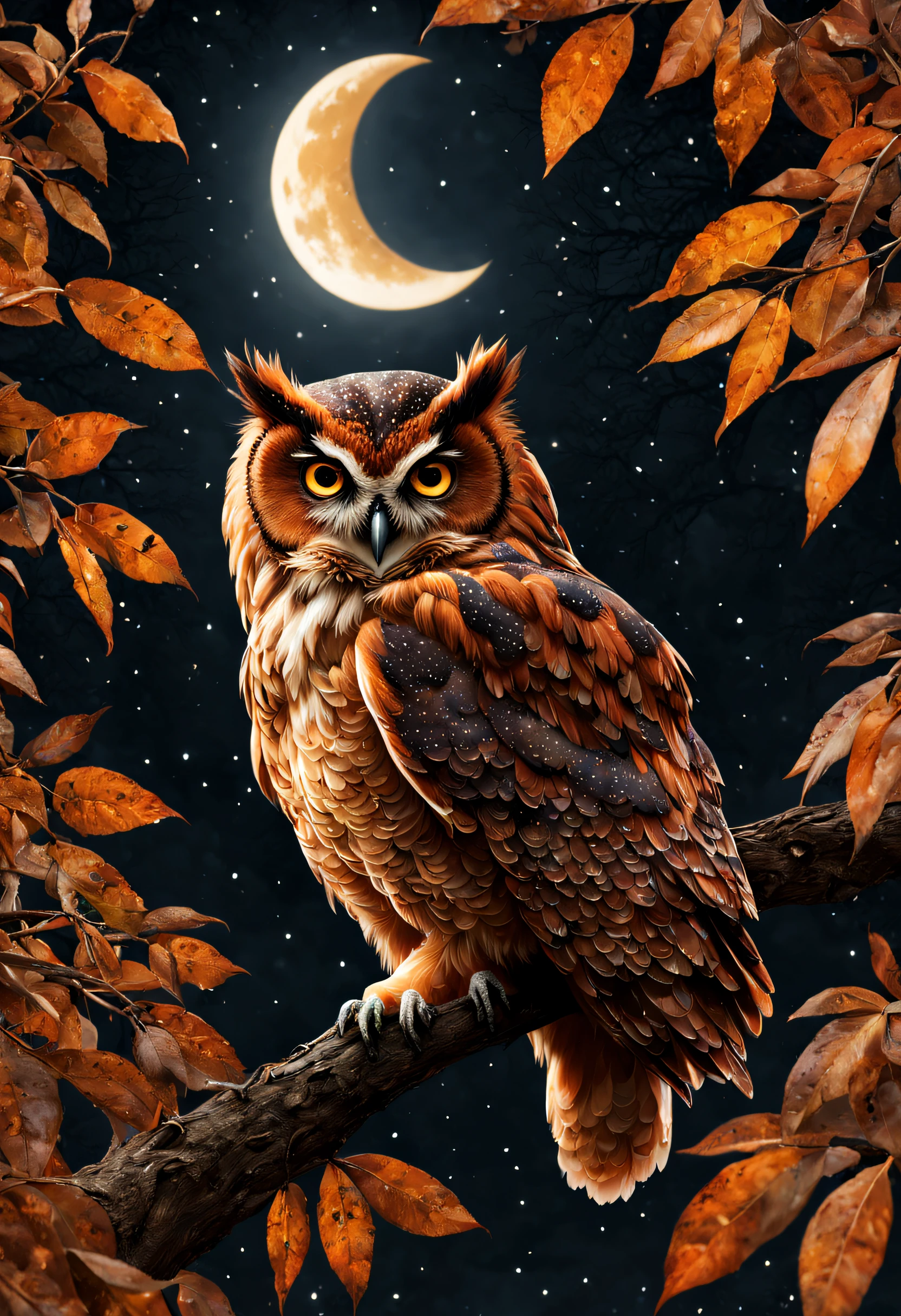 "RAW photo, best, masterpiece, best quality, high quality, extremely detailed, a rust brown owl with black spots, in a leafy tree, it's a crescent moon night, stars in the sky, cinematic color, scene from a movie , intricate details, the best quality, very realistic."