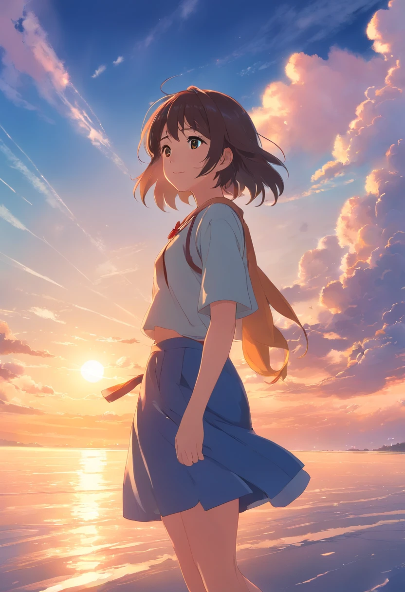 masterpiece、top-quality、Movie stills、1girl、校服、Cloud Girl、floating in sky、a closeup、发光、happiness、Warm soft lighting、the setting sun、(Spark:0.7)