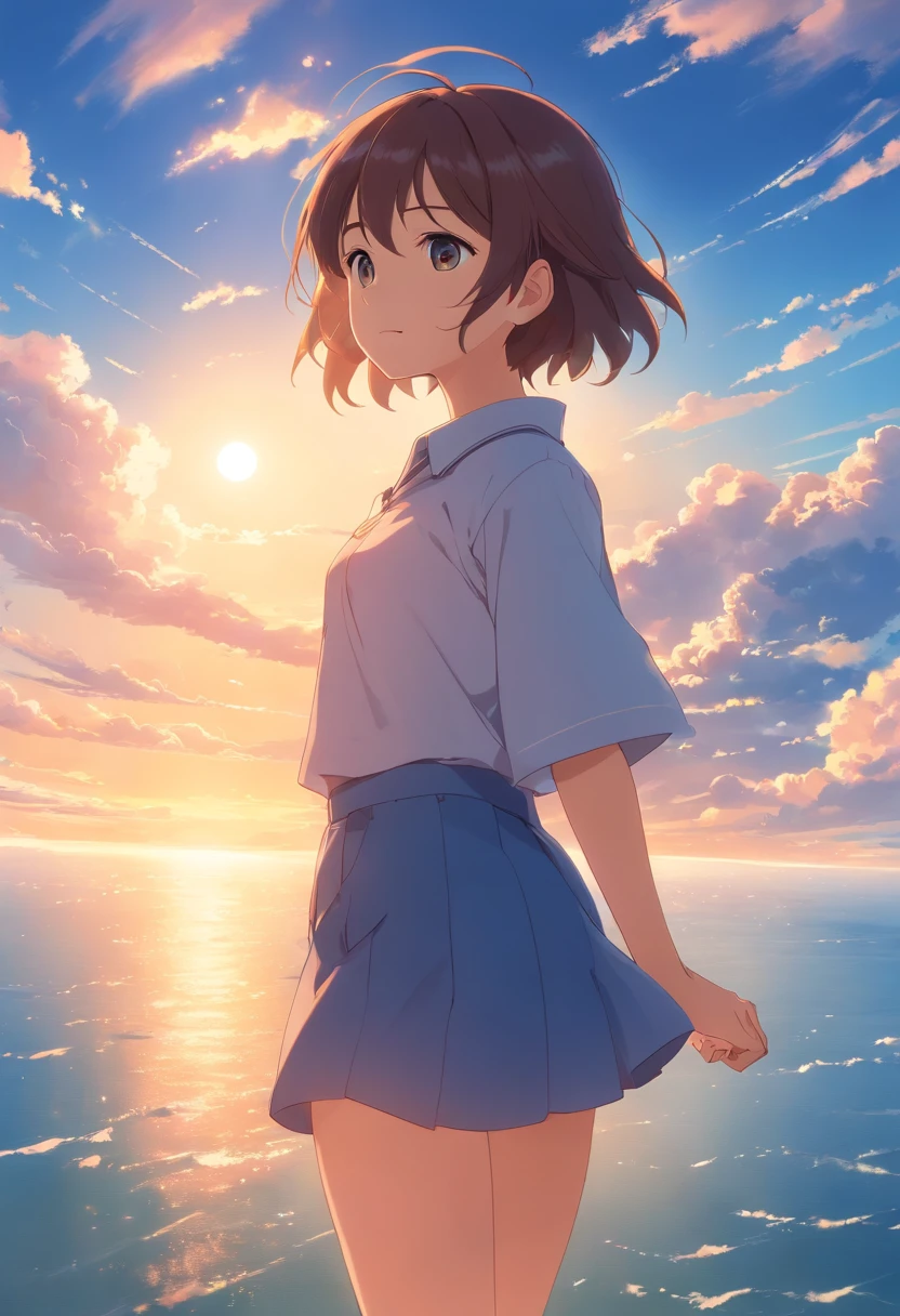 ​masterpiece、top-quality、Movie stills、1girl、校服、Cloud Girl、floating in sky、a closeup、发光、happiness、Warm soft lighting、the setting sun、(Spark:0.7)