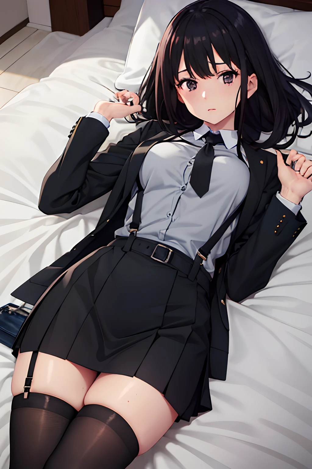Suit,Collared shirt,Belt bag,Suspenders Black Miniskirt garterbelts knee high Stockings Black Niso Colorcon armpit sweat perspiring Side of both hands,Black jacket,Gaze,ample bosom,Armpit sweat,Exposing the armpits"Tight clothes、Raise your hands、wristbands Lying in bed Behind the back