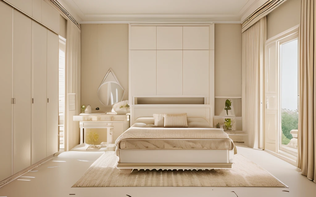 ((bedroom)), natural light, garden view((Neoclassical architecture)),((beige bed)), wardrobe, glass door, Render 8k, Raw, Grain, Quality Quality Best quality, super detailed, DSLR, Fujifilm XT3, Soft Light, super raw