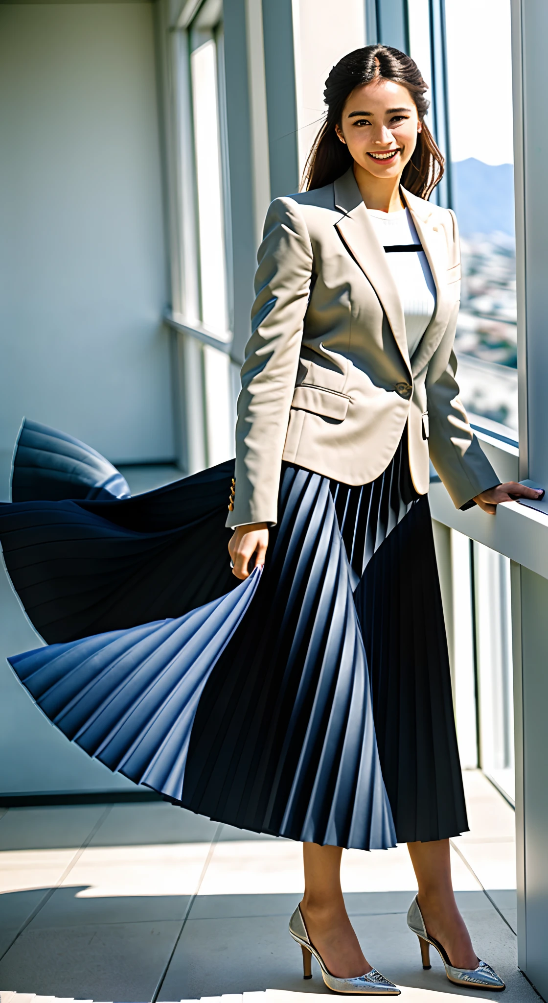 (shy:1,2) (smiling;1,1) woman playing with skirt, dancing, wearing short blazer and very very detailed (long (fully pleated) full circle skirt) and (simple) low heeled office shoes, very very intricate hyper-detailed symmetric (attractive graceful young feminine face) with (sad, tired eyes and a shy smile), large breasts, full of empathy and compassion and love, (pronounced (feminine) features), (highly detailed ultra accurate realistic) hands and fingers, (windy conditions and wind blowing), epic composition, highly detailed attributes, highly detailed space station background, (35mm f1.4 Kodak portra 400 photograph), extremely high quality RAW photograph,