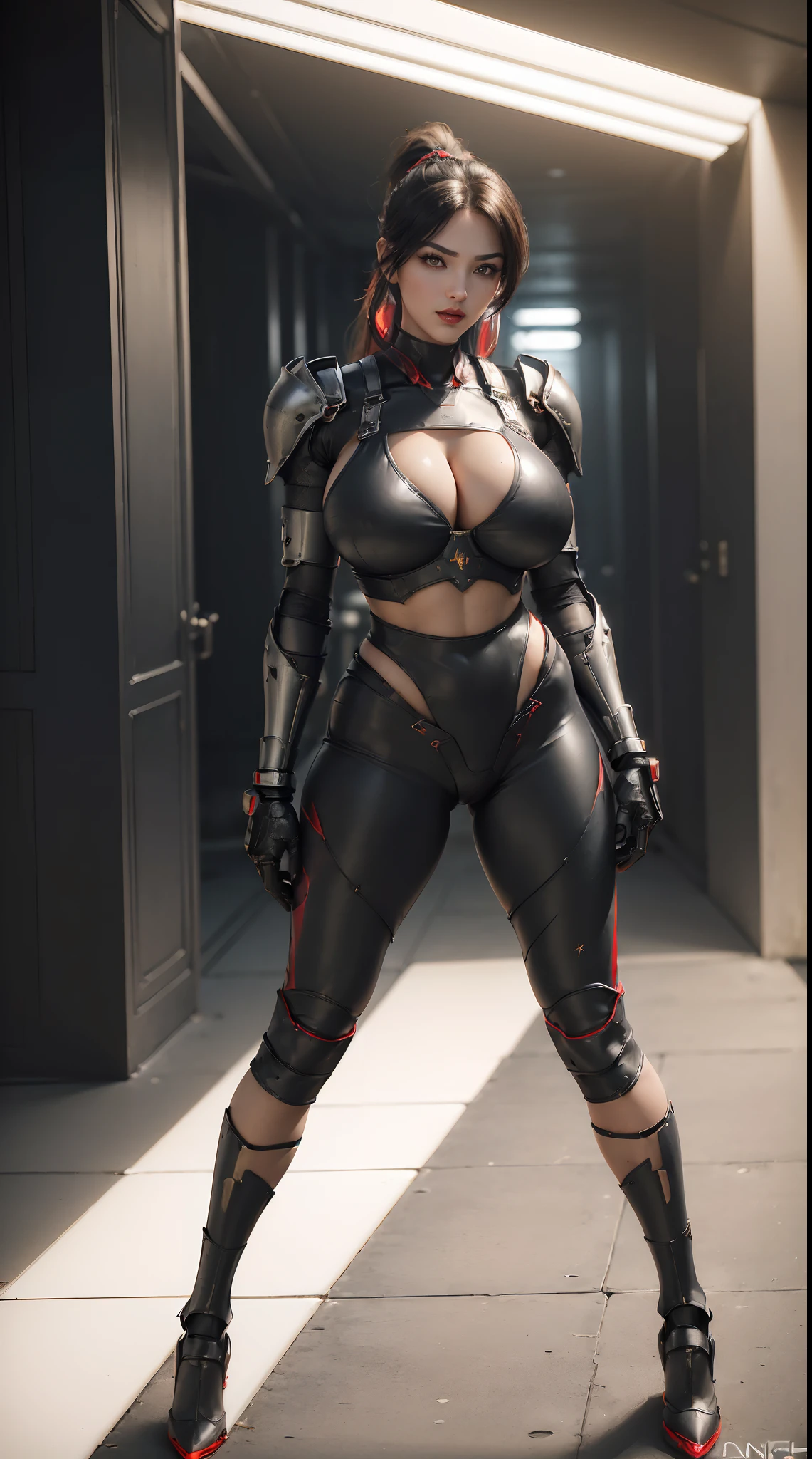 (1GIRL,SOLO:2), (super detailed face), (black hair:1.3), ((BIG BUTTOCKS, HUGE FAKE BREASTS:1.5)), (CLEAVAGE TOP:1.5), (11 LINE ABS FEMALE:1.4), (MECHA GUARD ARM:1.4), ((WEAR RED BLACK OVERWATCH MECHANICAL ARMOR CROP TOP, BLACK MECHANICAL SKINTIGHT SUIT PANTS, MECHA GUARD ARMOR LEGS, HIGH HEELS:1.5)), (LEWD VOLUPTUOUS BODY:1.3), (GLOWING SKIN:0.8), (LONG LEGS, FULL BODY:1.1), (LOOKING AT VIEWER:1.3), (female focus:0.886), (WALKING DOWN HALLWAY OF FUTURISTIC SPACE STATION:1), (BRIGHT LIGHT WHITEROOM:1.3), SUPER TEXTURE, UNREAL ENGINE RENDER, PHYSICALLY-BASED RENDERING, ULTRA HIGHT DEFINITION, 16K, 1080P.