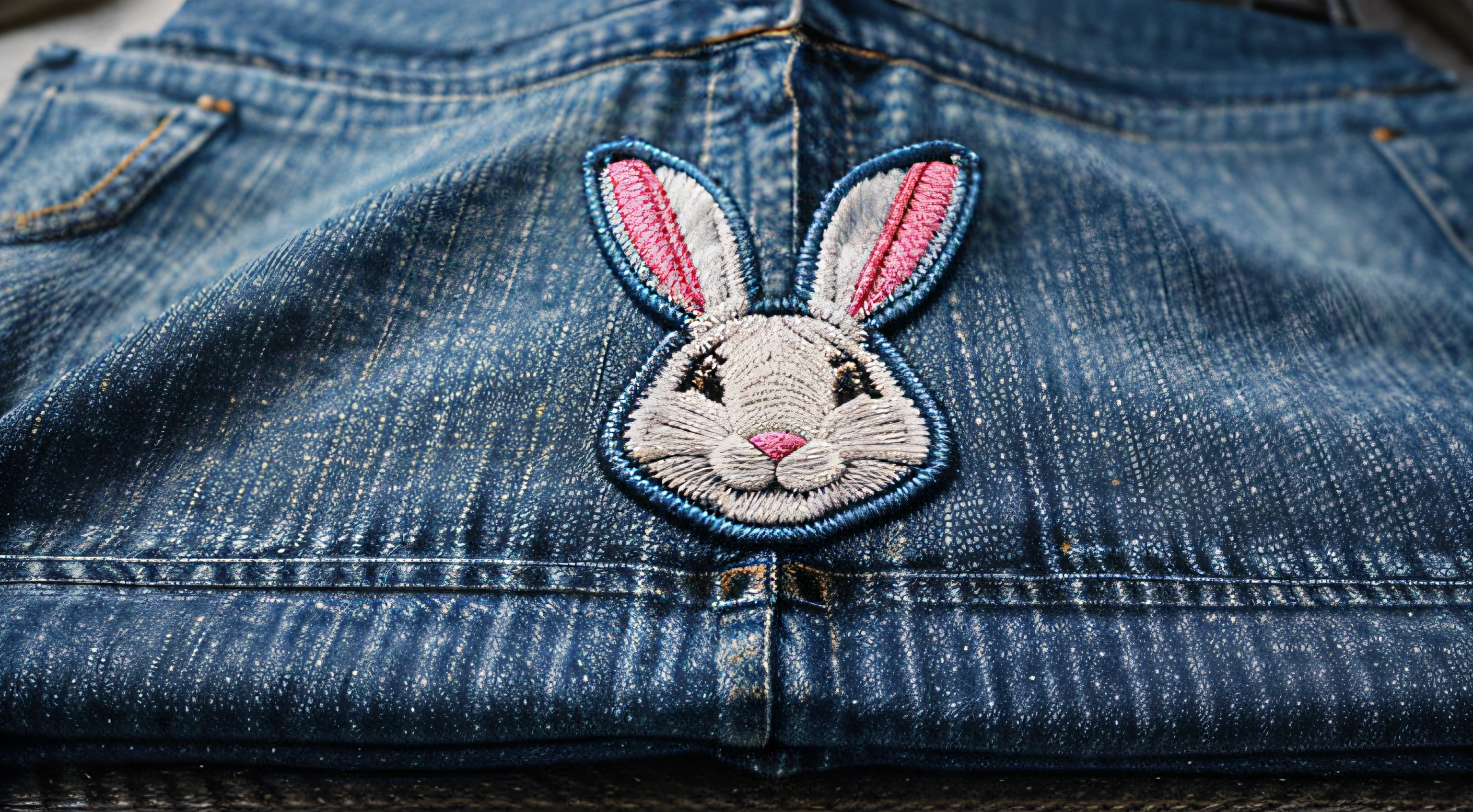 machine embroidery patches of colorful "rare rabbit" clothing brand logos, on light denim cloth, super detailed, high resolution