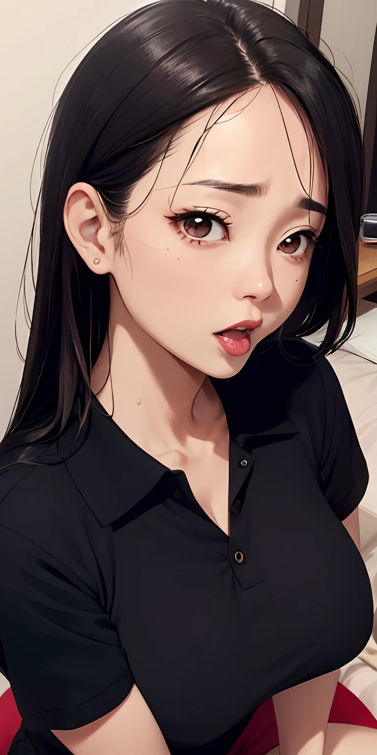realisticlying、45-year-old girl、wearing a dark blue polo shirt,Cleavage emphasis、Face enhancement,Chest super large zoom,Cleavage emphasis,Looking up from the bottom,Blackening of hair,eyes are brown,darkens the skin,African、Blushing,Red lips,A sexy,Bed sit,stick out your tongue and open your mouth wide、Banzai、Wearing underwear,Wrinkles between the eyebrows,Sweaty face