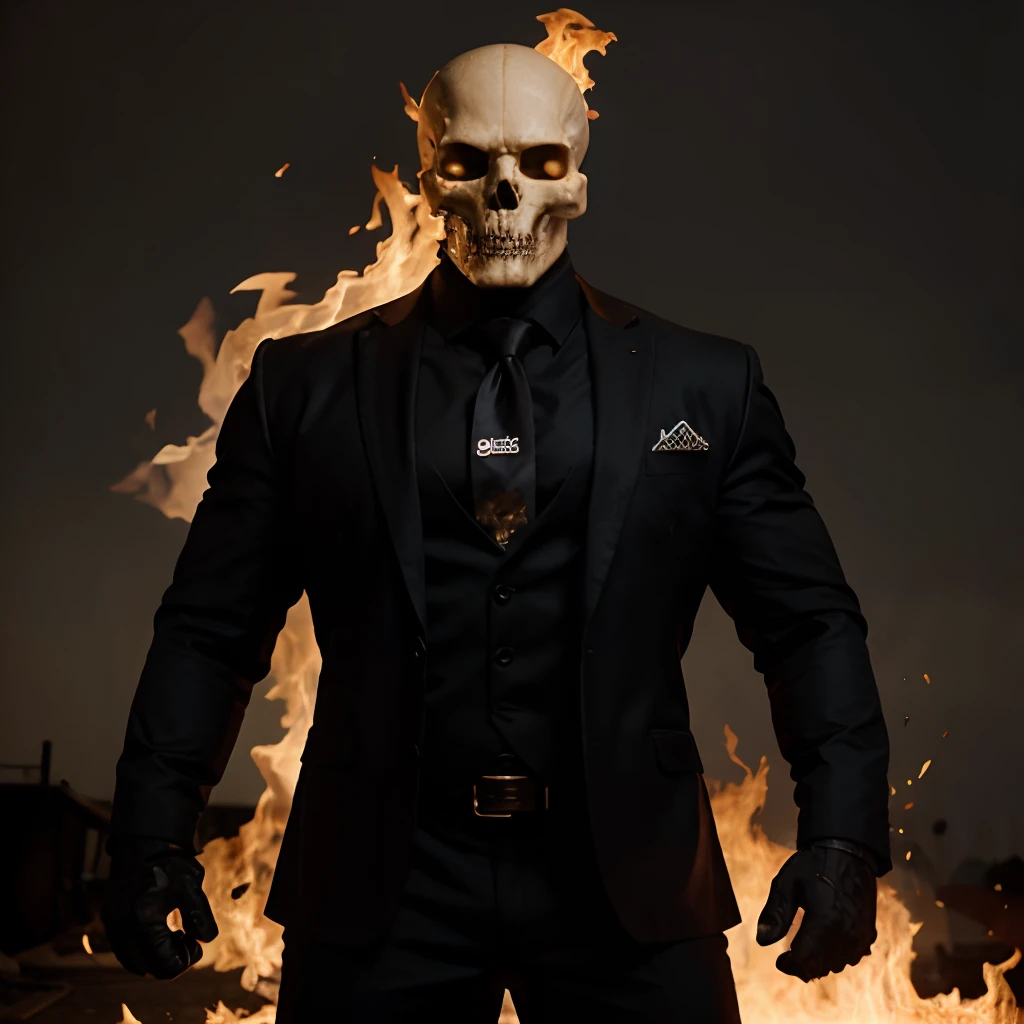 Ghost rider , muscled with huge pecs , hugge torso , huge arms , with a skull head like  with fire , in suit with a tie ans spikes