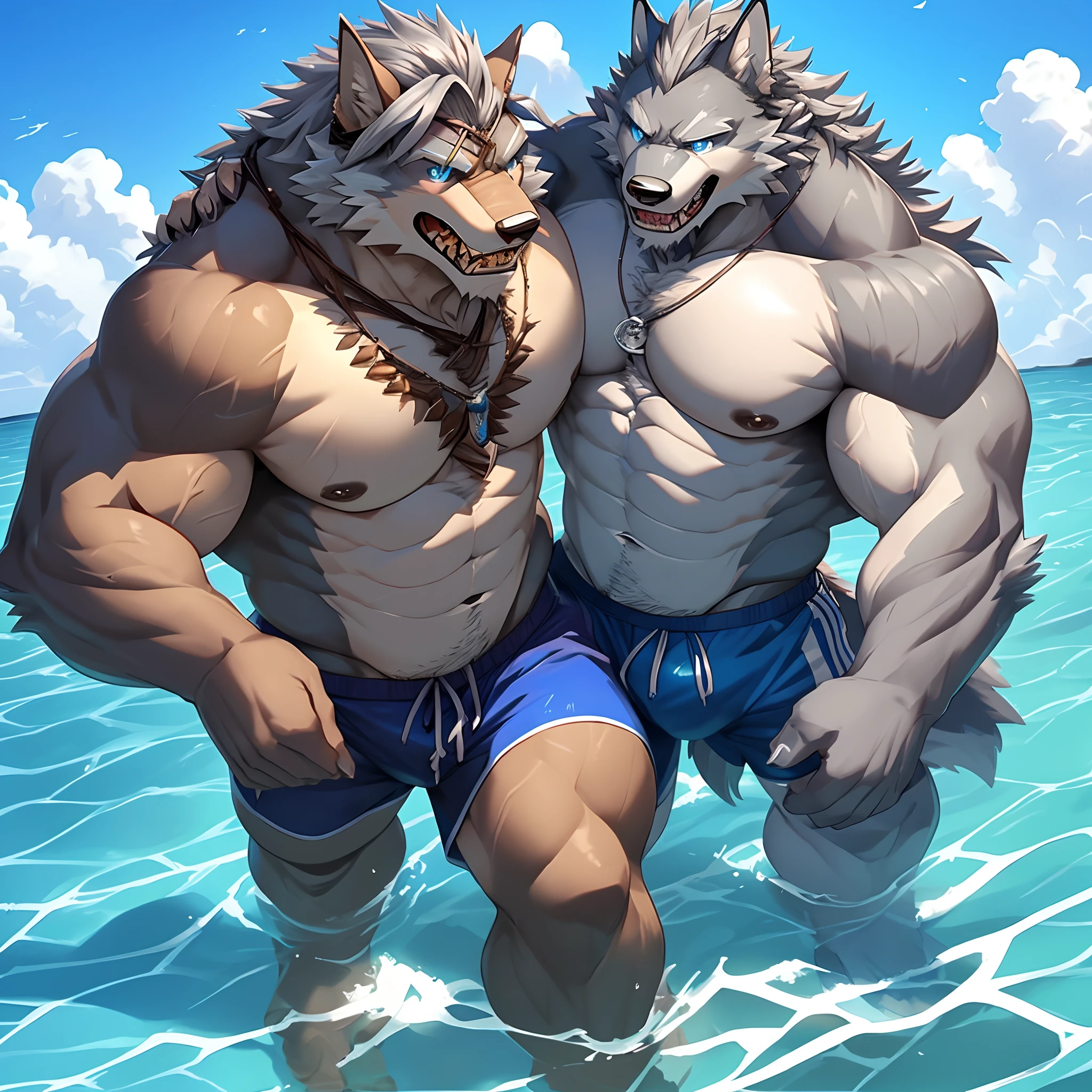 Wolf orcs,male people,burly build。Silver-gray hair covers the whole body。blue color eyes。A body,Two heads,Sharp teeth、Neatness。At this time he was wearing swimming trunks,playing on the beach